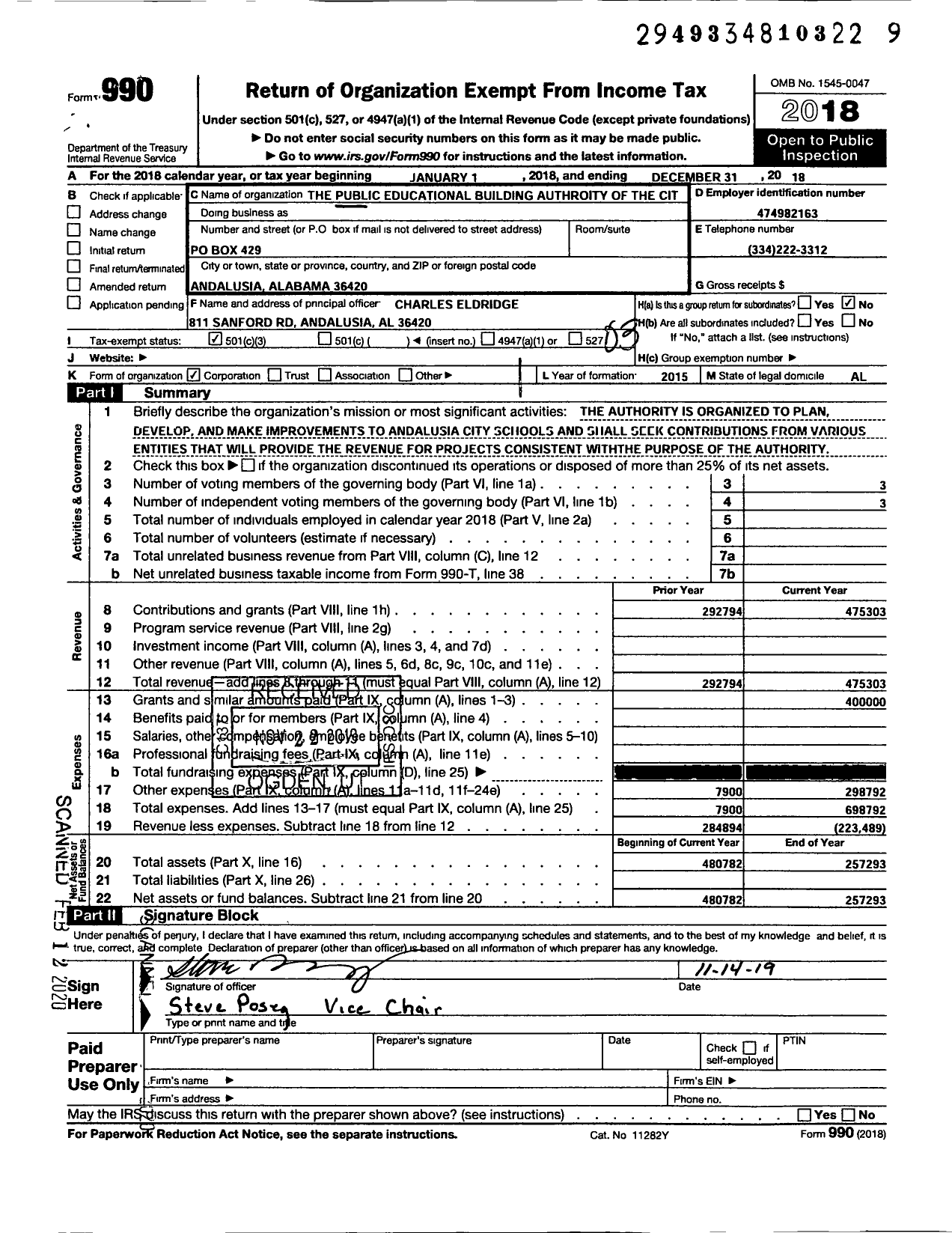 Image of first page of 2018 Form 990 for Public Educational Building Authority of the City of Andalusia