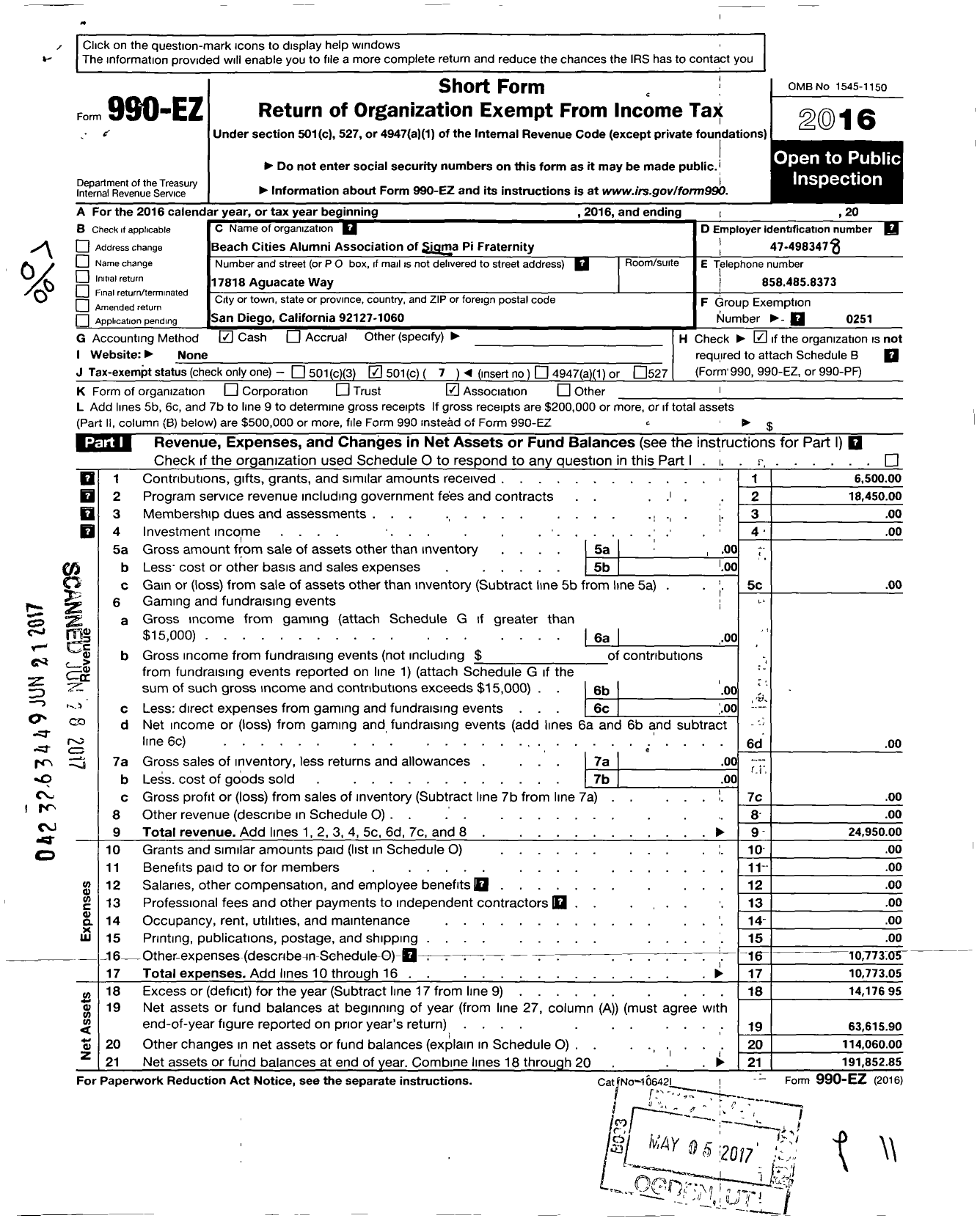 Image of first page of 2016 Form 990EO for Sigma Pi Fraternity International / Beach Cities Alumni Association