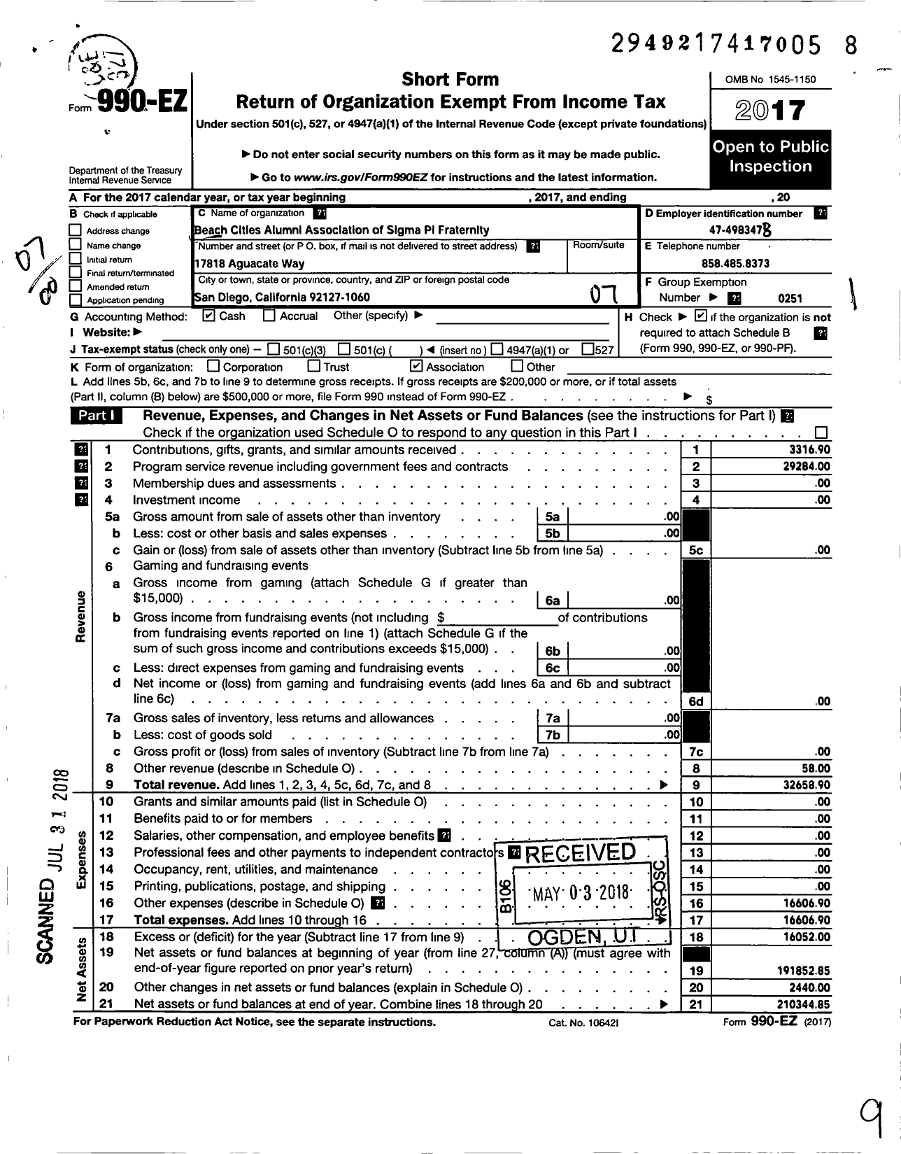 Image of first page of 2017 Form 990EO for Sigma Pi Fraternity International / Beach Cities Alumni Association