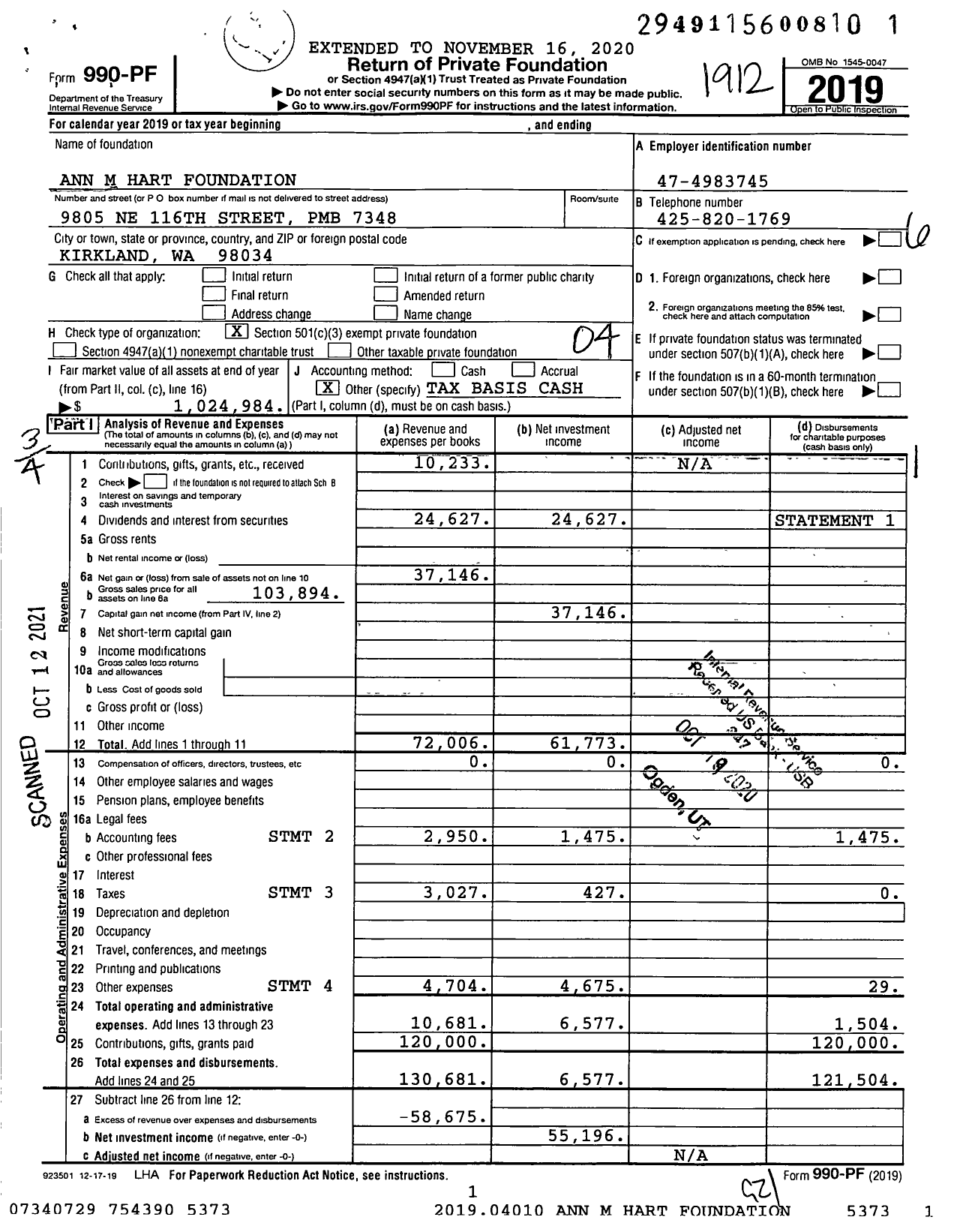 Image of first page of 2019 Form 990PF for Ann M Hart Foundation