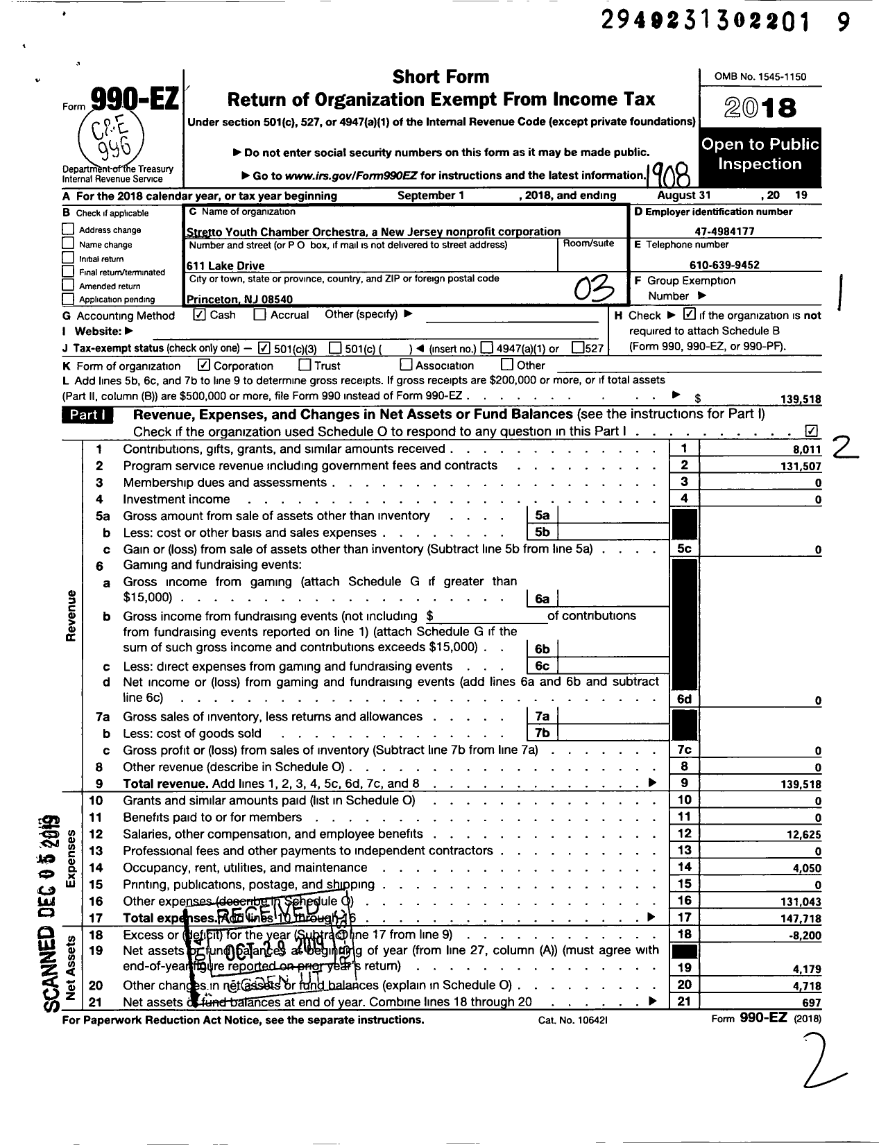 Image of first page of 2018 Form 990EZ for Stretto Youth Chamber Orchestra