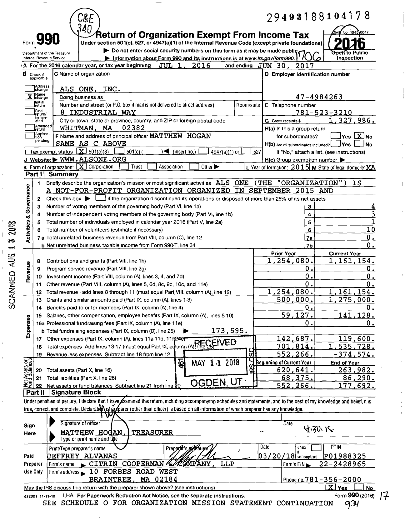 Image of first page of 2016 Form 990 for Als One