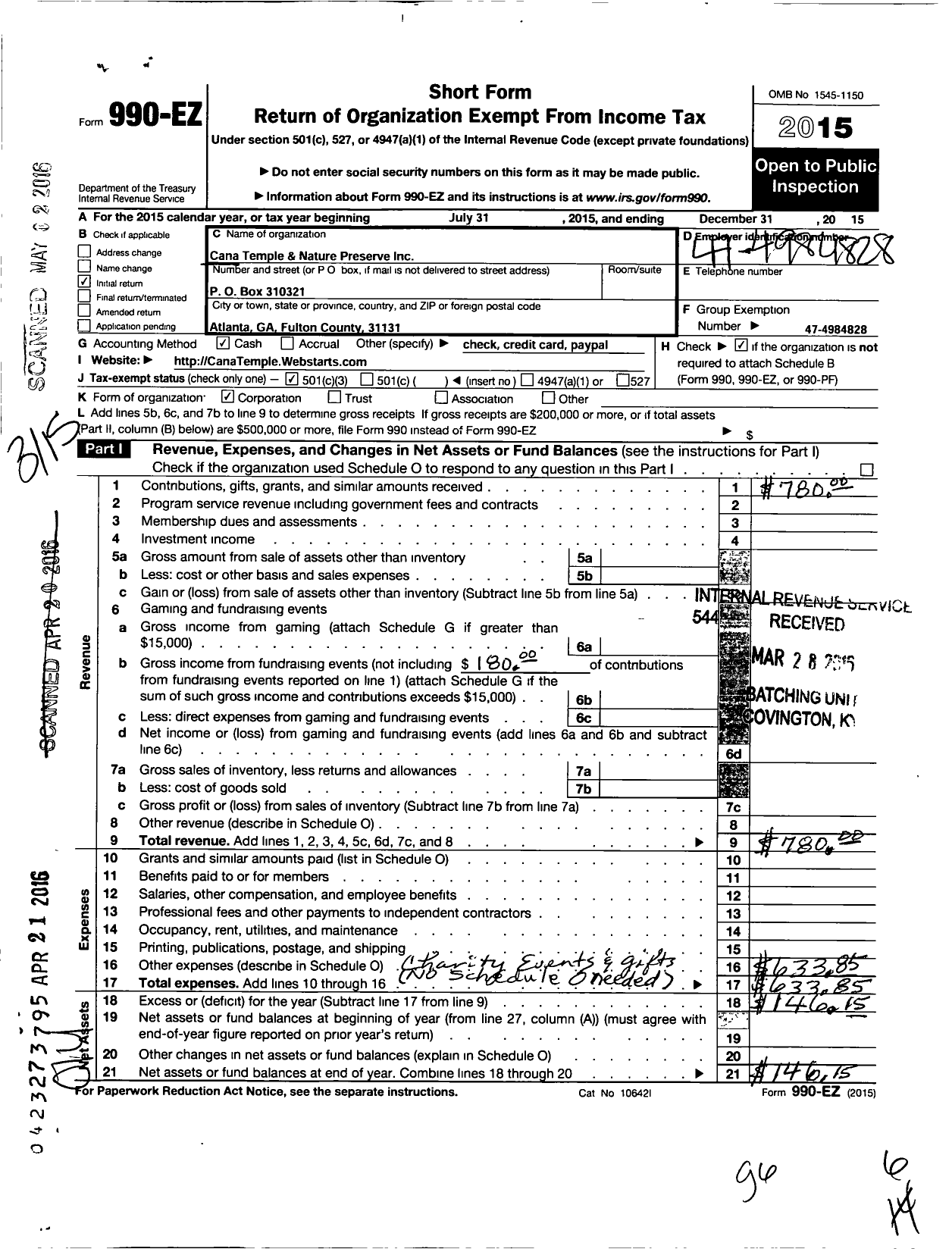 Image of first page of 2015 Form 990EZ for Cana Temple and Nature Preserve