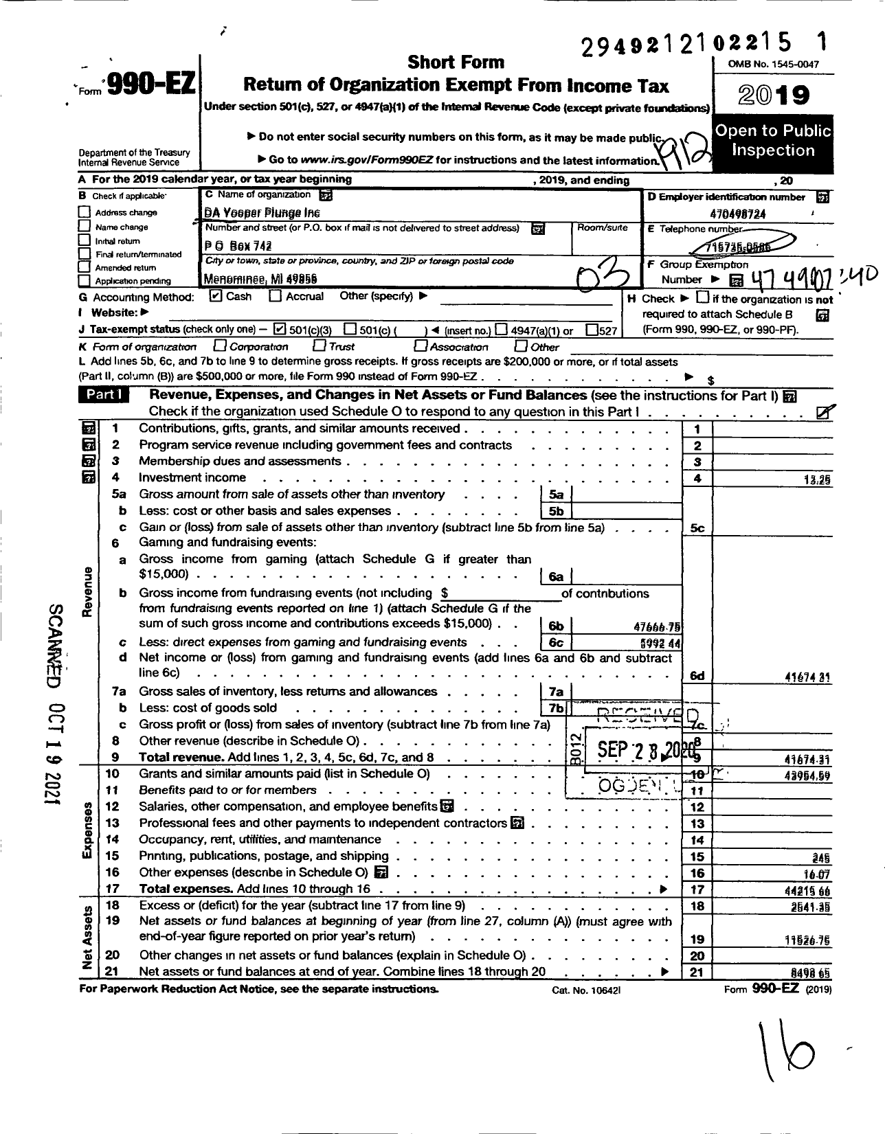 Image of first page of 2019 Form 990EZ for Da Yooper Plunge