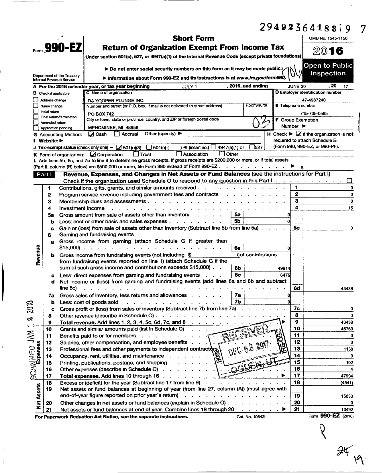 Image of first page of 2016 Form 990EZ for Da Yooper Plunge