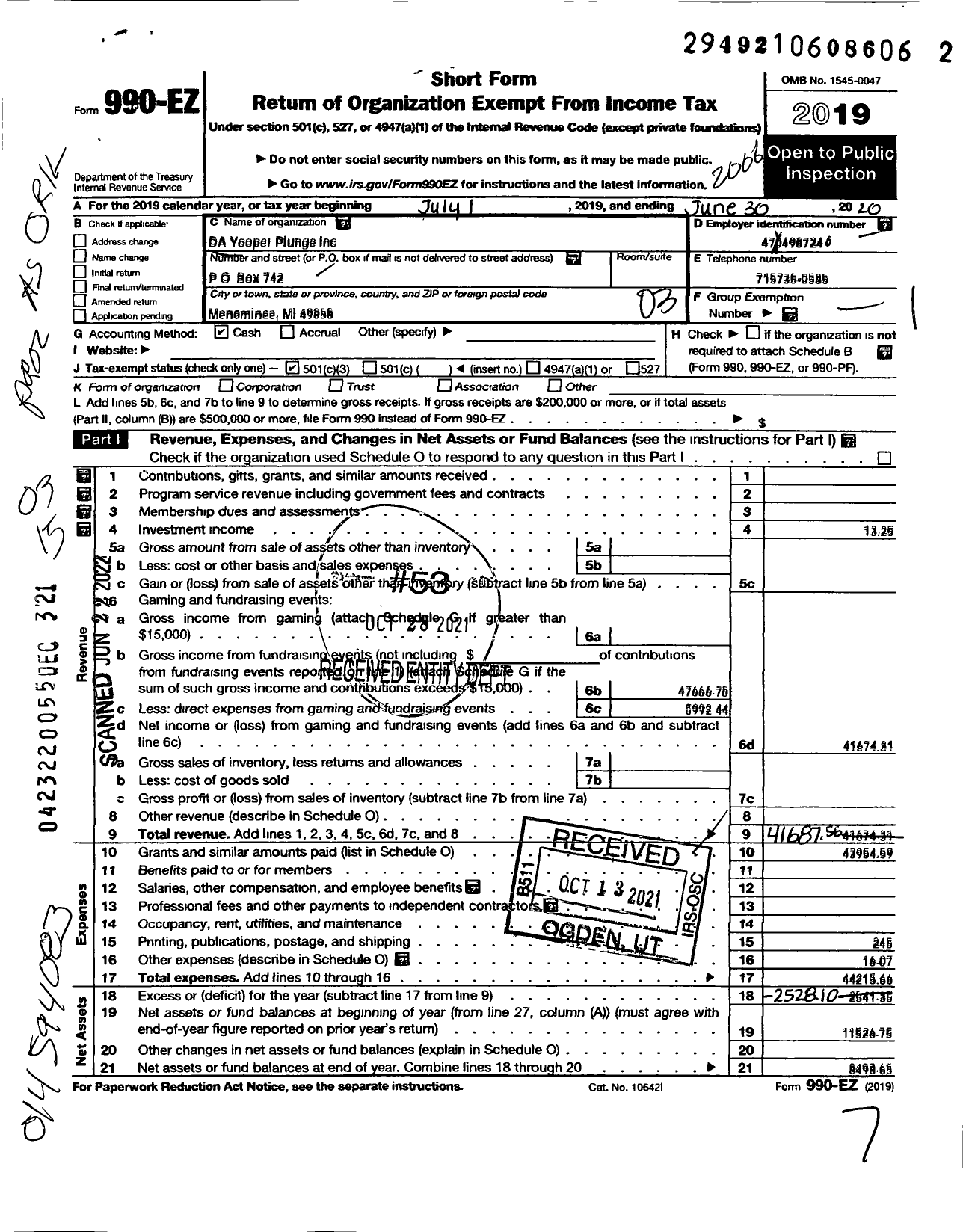 Image of first page of 2019 Form 990EZ for Da Yooper Plunge