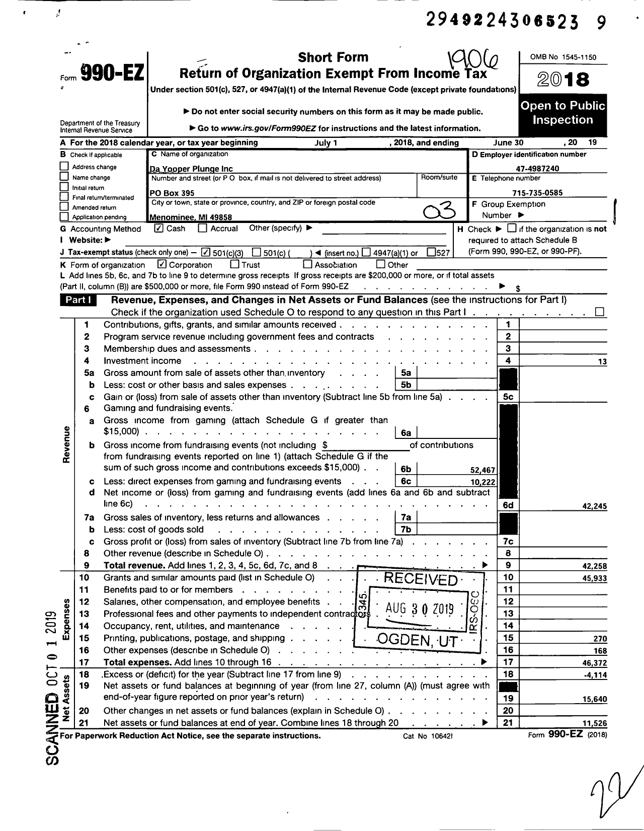 Image of first page of 2018 Form 990EZ for Da Yooper Plunge