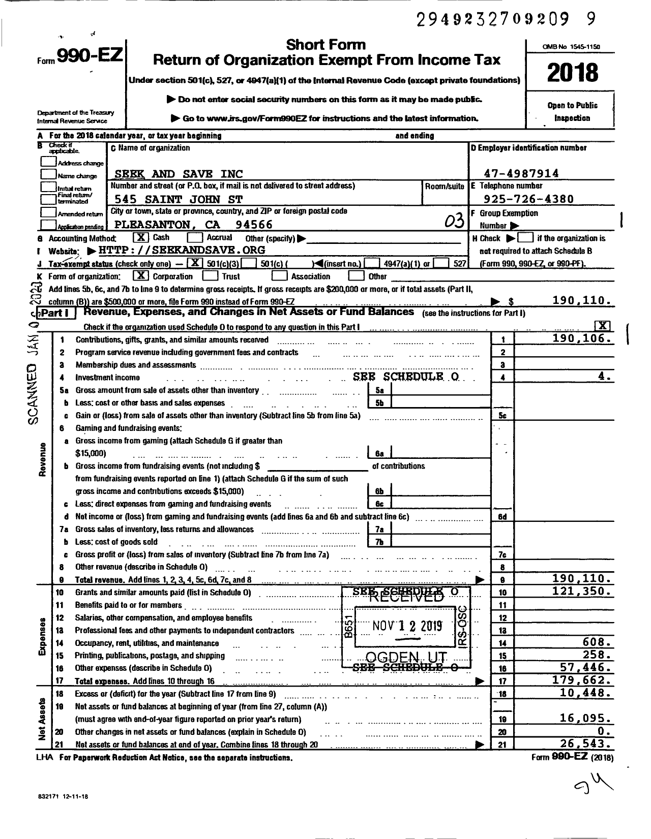 Image of first page of 2018 Form 990EZ for Seek and Save