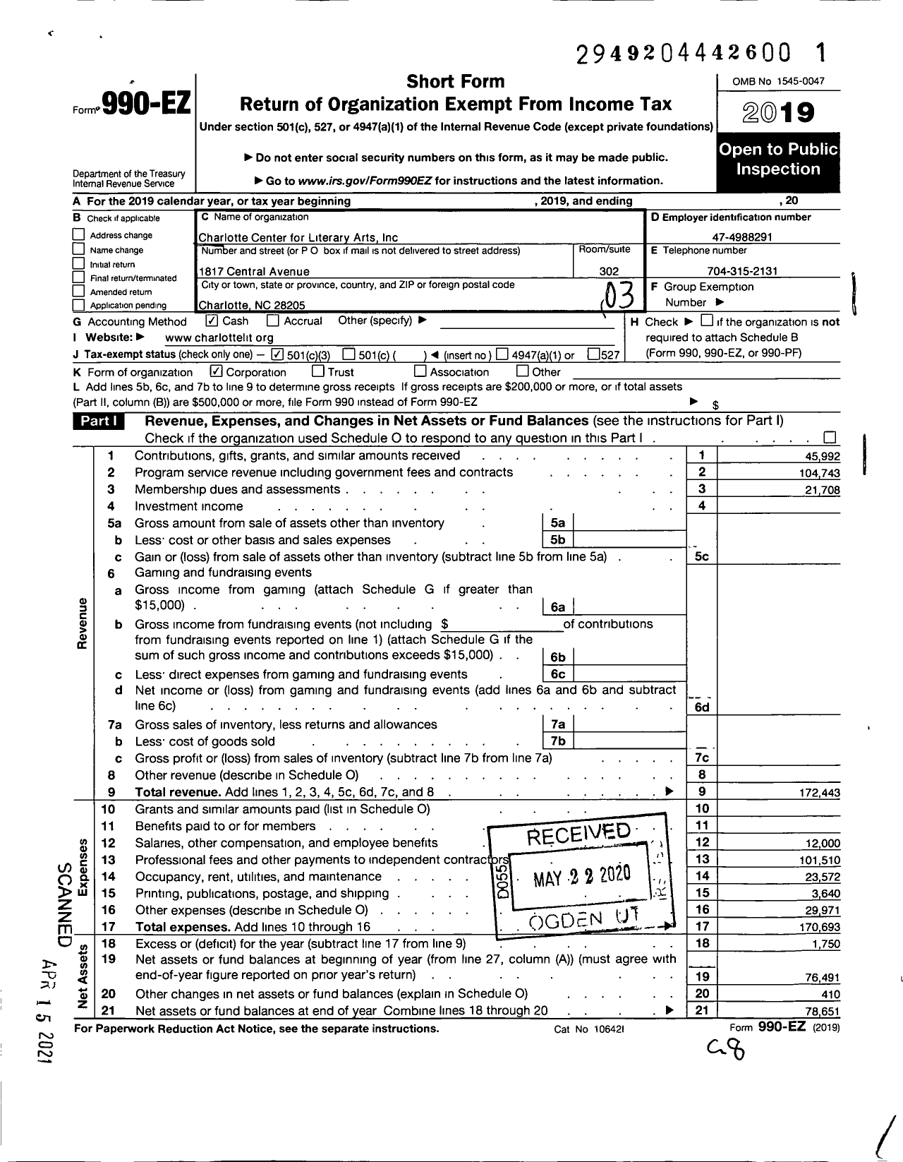 Image of first page of 2019 Form 990EZ for Charlotte Lit