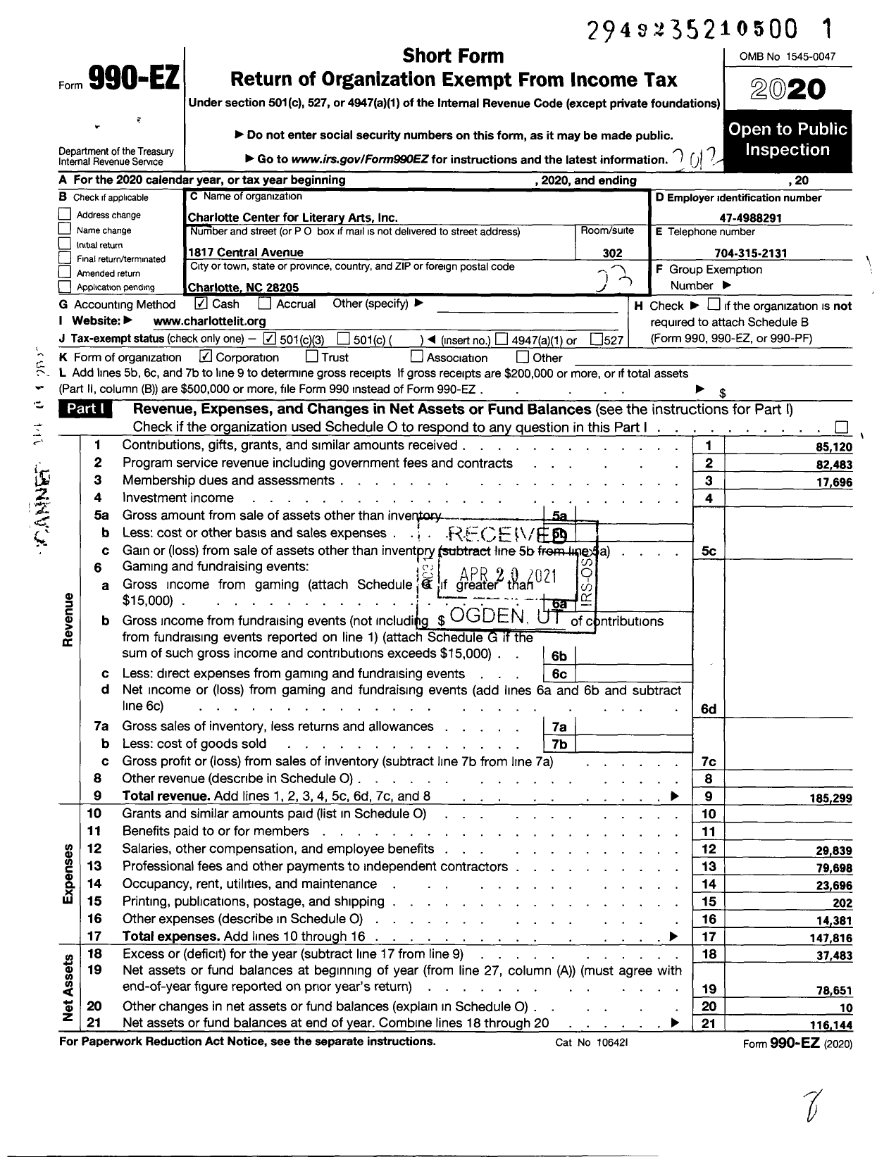 Image of first page of 2020 Form 990EZ for Charlotte Lit