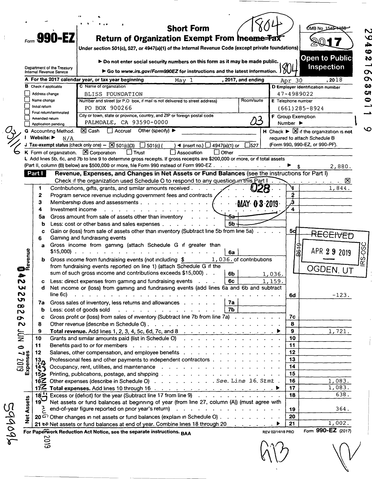 Image of first page of 2017 Form 990EZ for Bliss Foundation