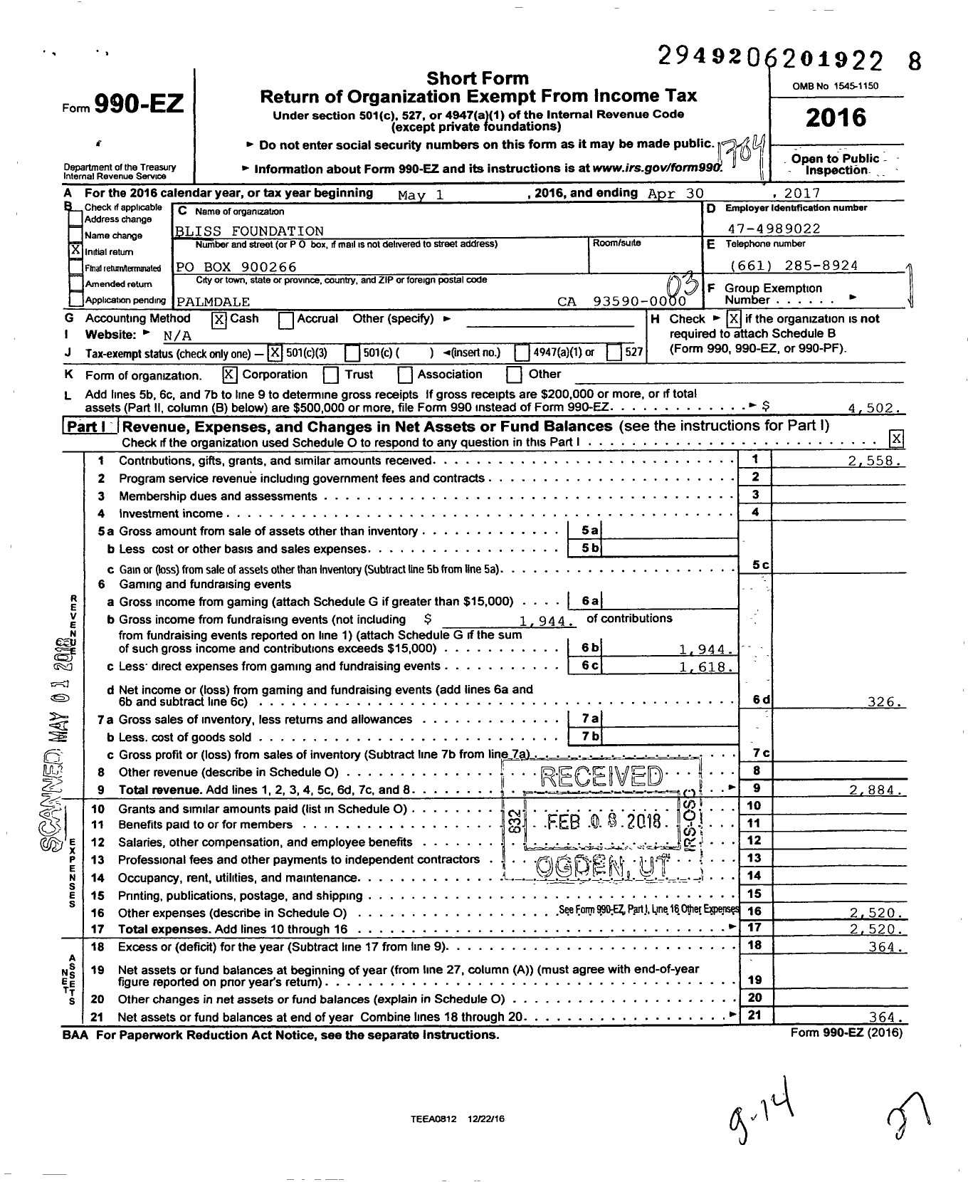 Image of first page of 2016 Form 990EZ for Bliss Foundation