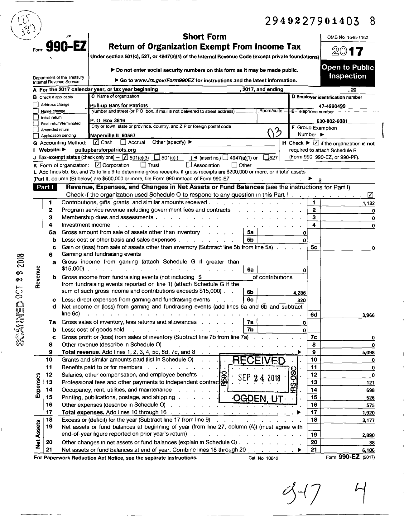 Image of first page of 2017 Form 990EZ for Pull-Up Bars for Patriots