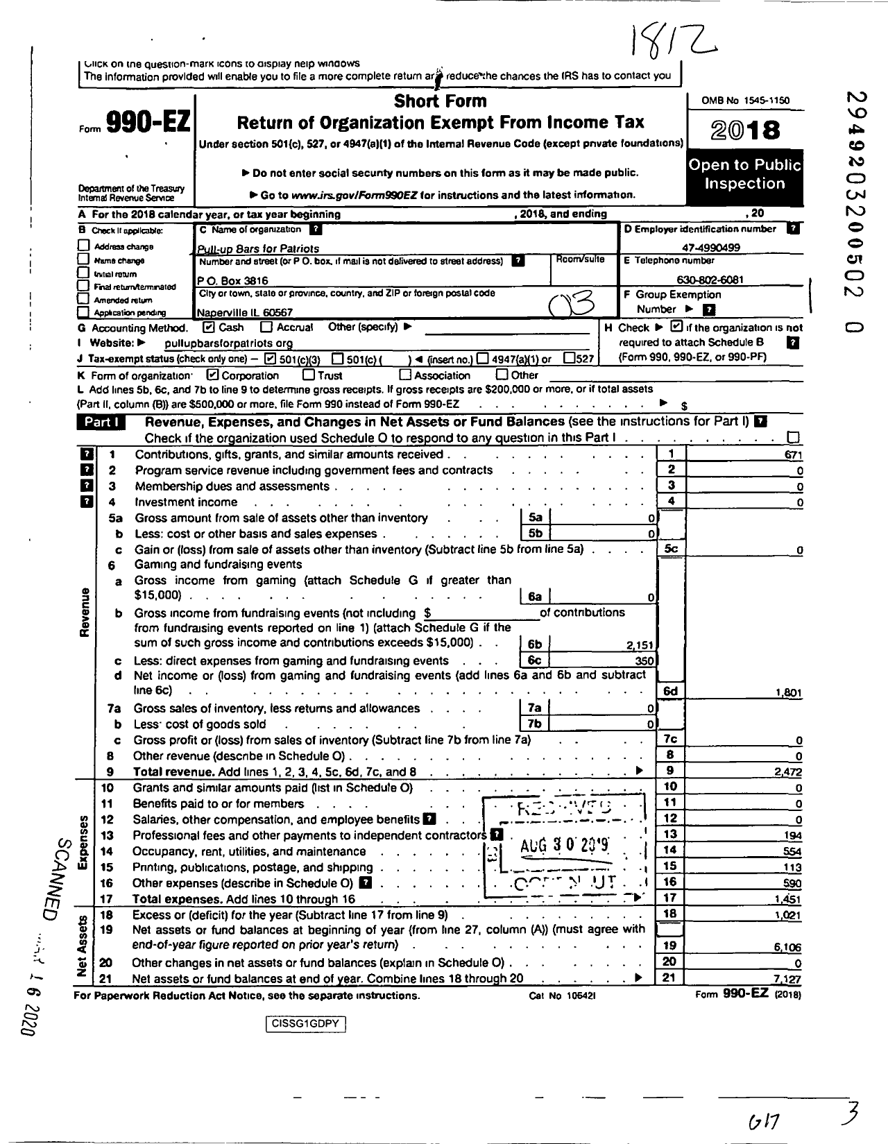 Image of first page of 2018 Form 990EZ for Pull-Up Bars for Patriots