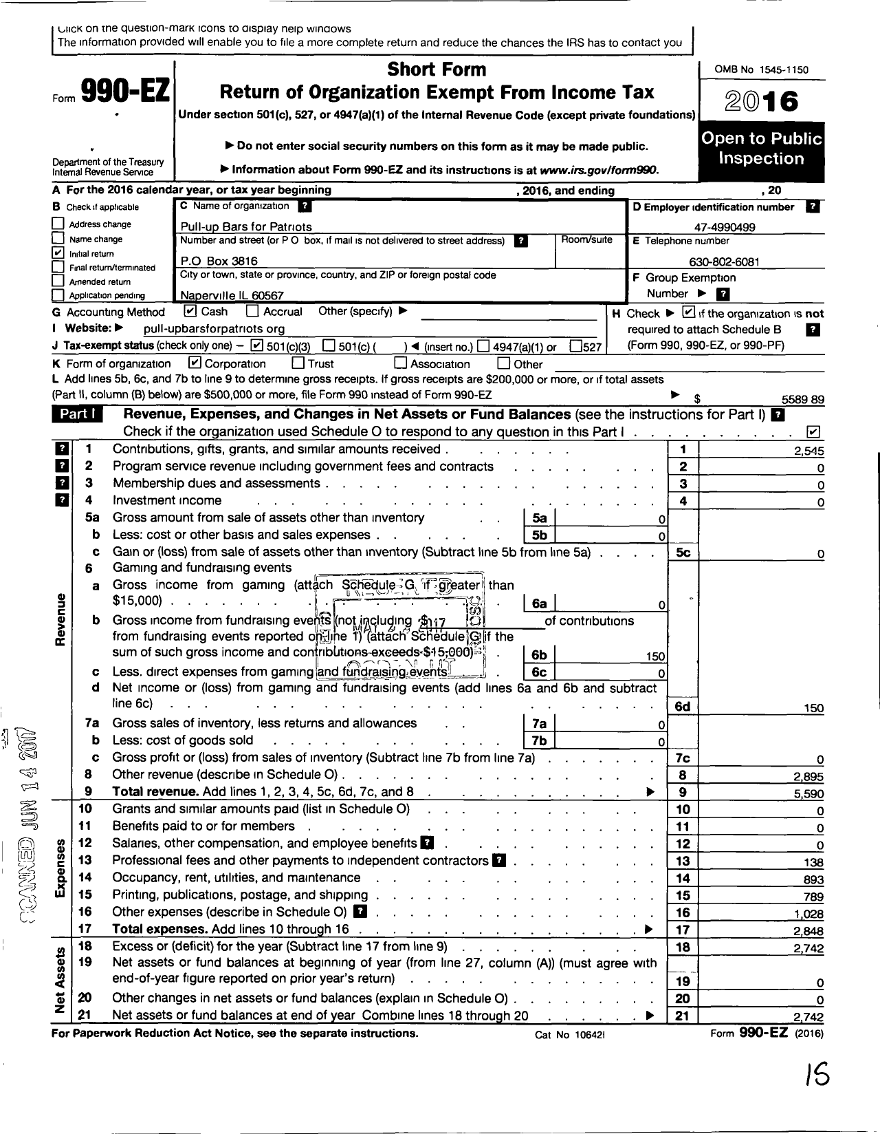 Image of first page of 2016 Form 990EZ for Pull-Up Bars for Patriots