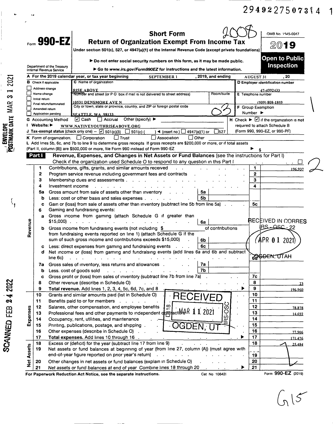 Image of first page of 2019 Form 990EZ for Rise Above