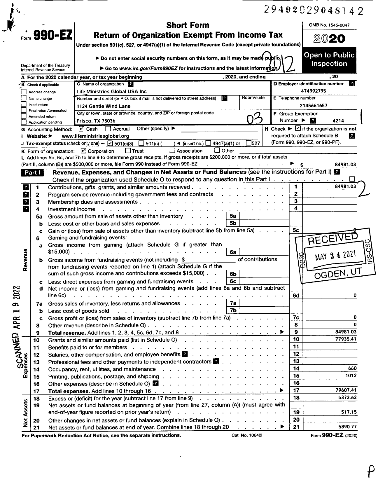 Image of first page of 2020 Form 990EZ for Life Ministries Global USA