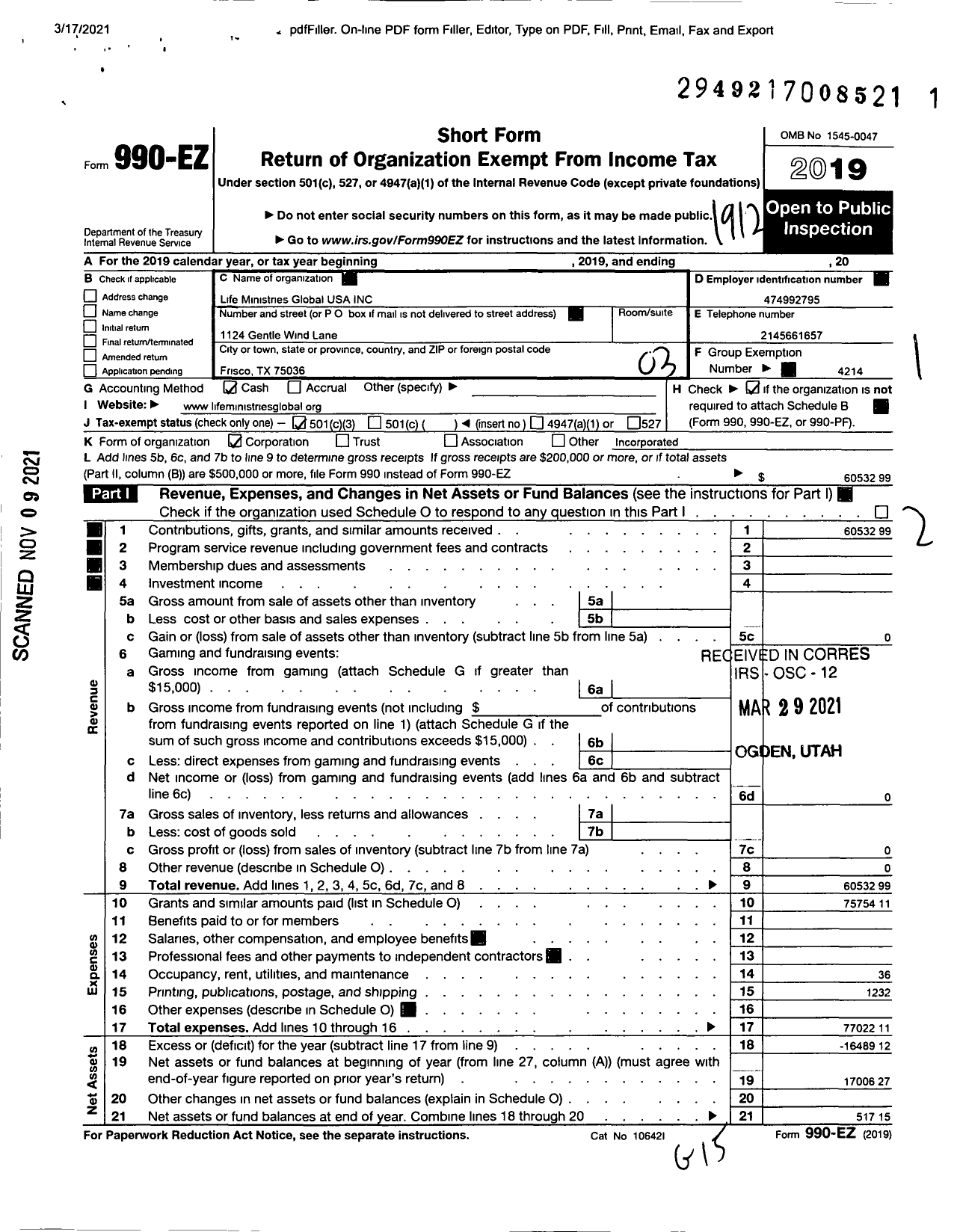 Image of first page of 2019 Form 990EZ for Life Ministries Global USA