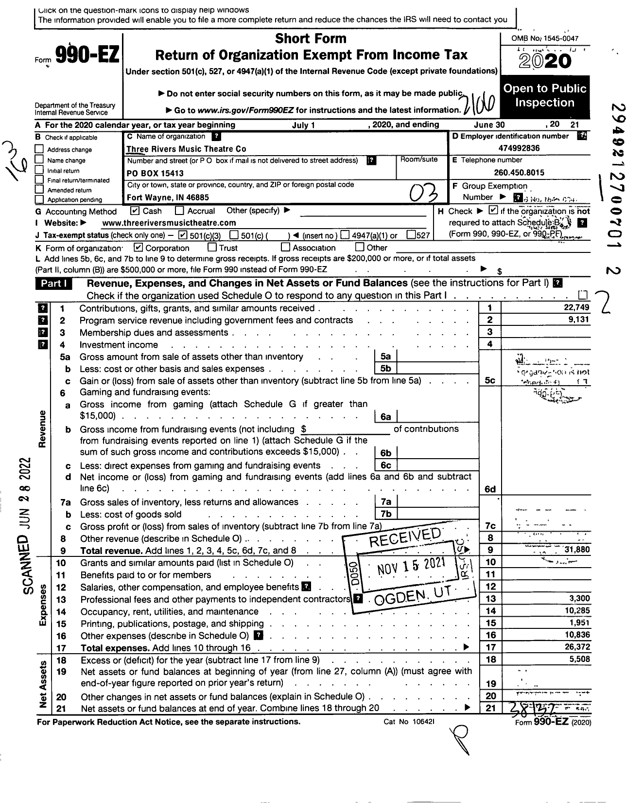 Image of first page of 2020 Form 990EZ for Three Rivers Music Theatre