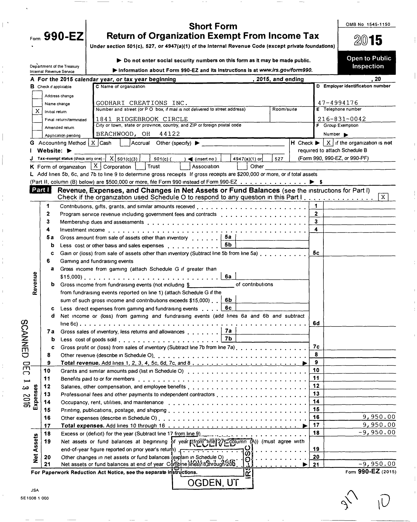 Image of first page of 2015 Form 990EZ for Godhari Creations