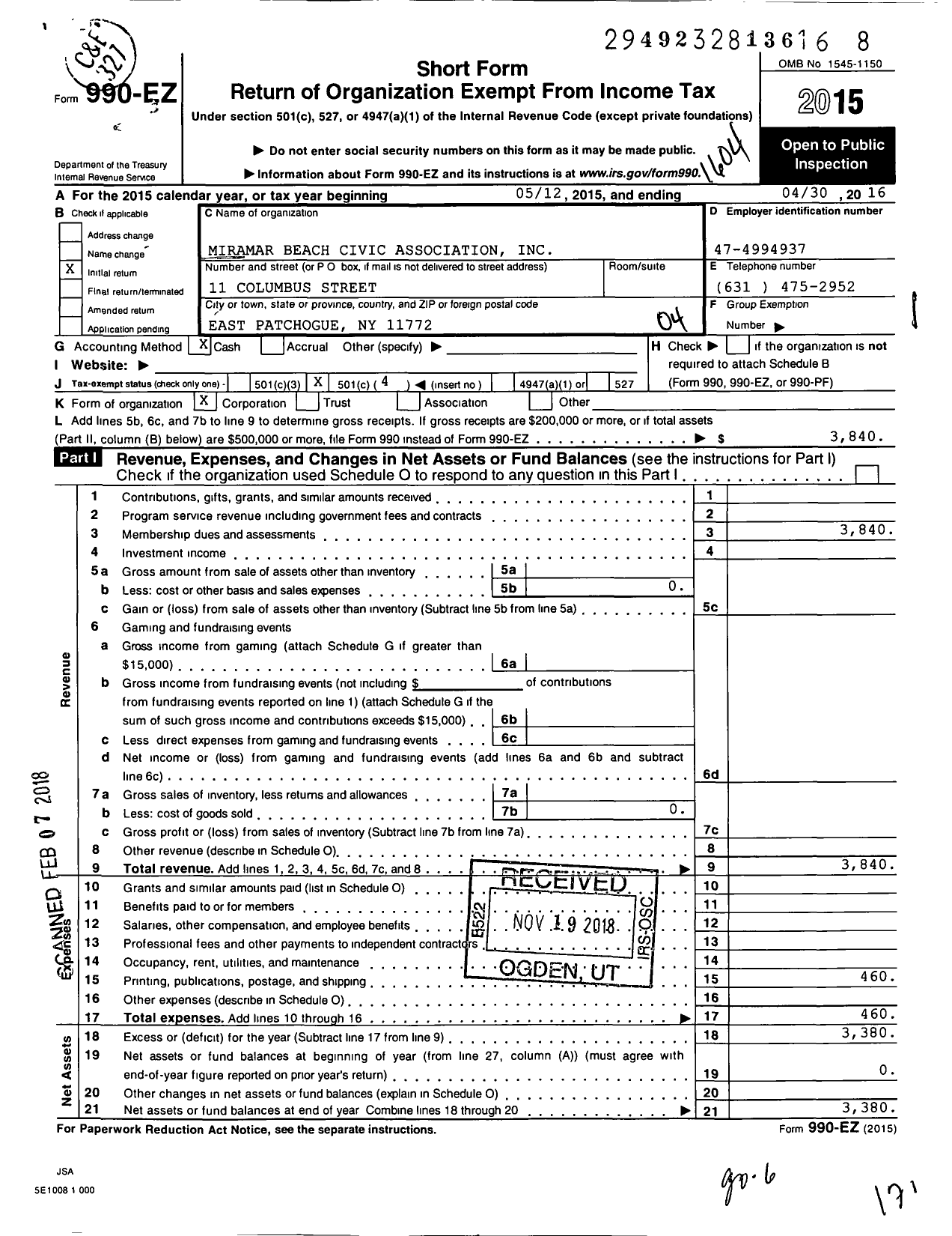 Image of first page of 2015 Form 990EO for Miramar Beach Civic Association