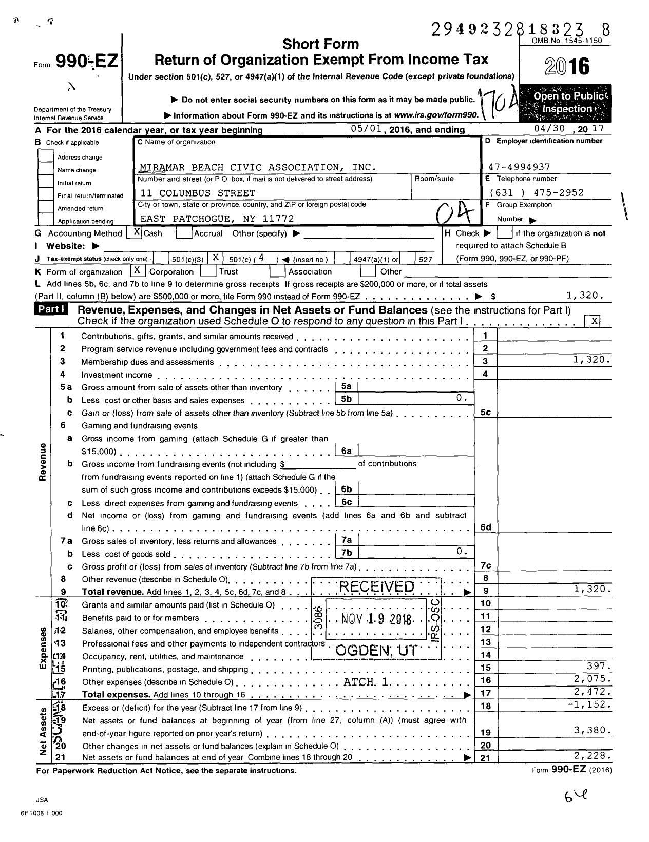 Image of first page of 2016 Form 990EO for Miramar Beach Civic Association