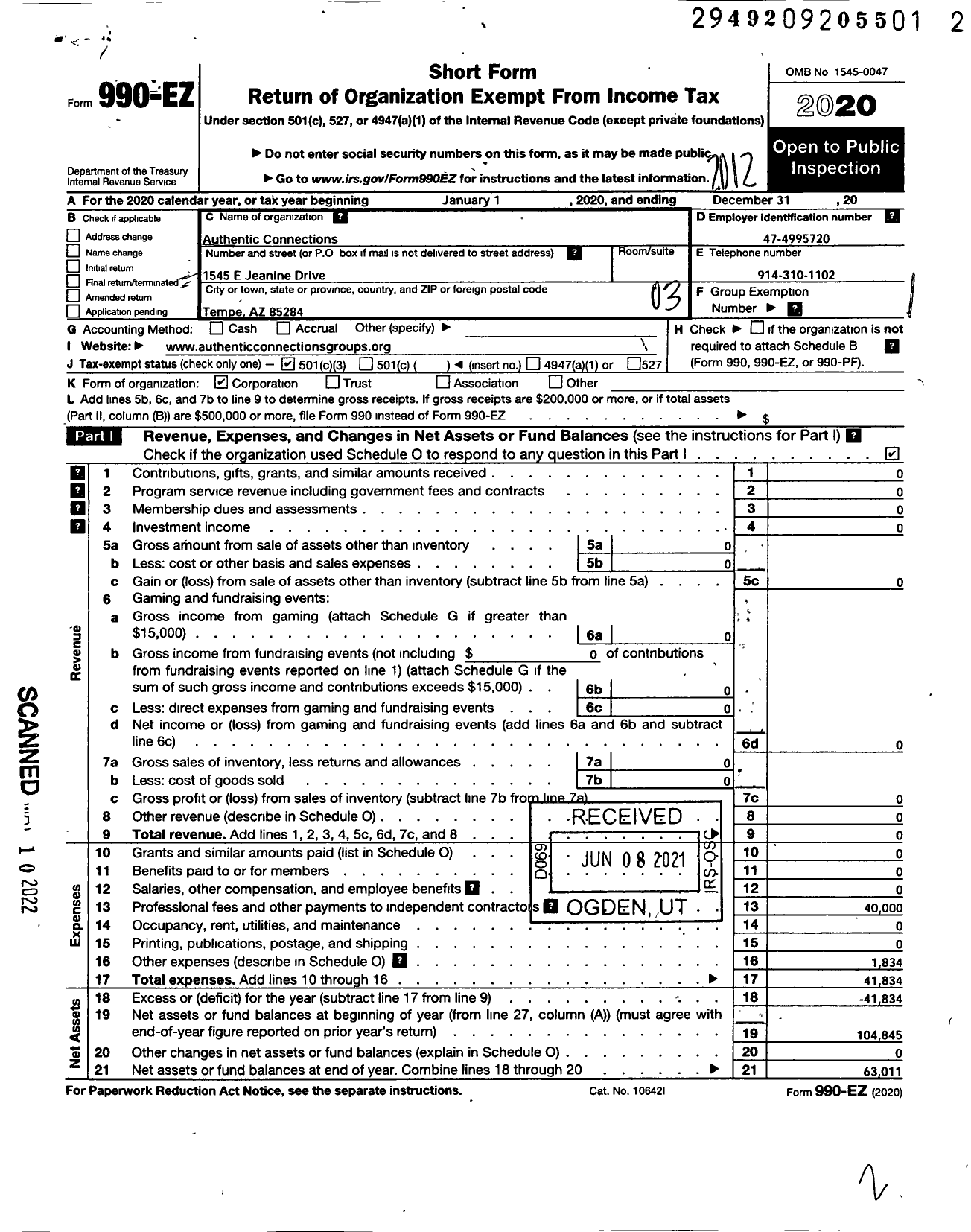 Image of first page of 2020 Form 990EZ for AC Groups