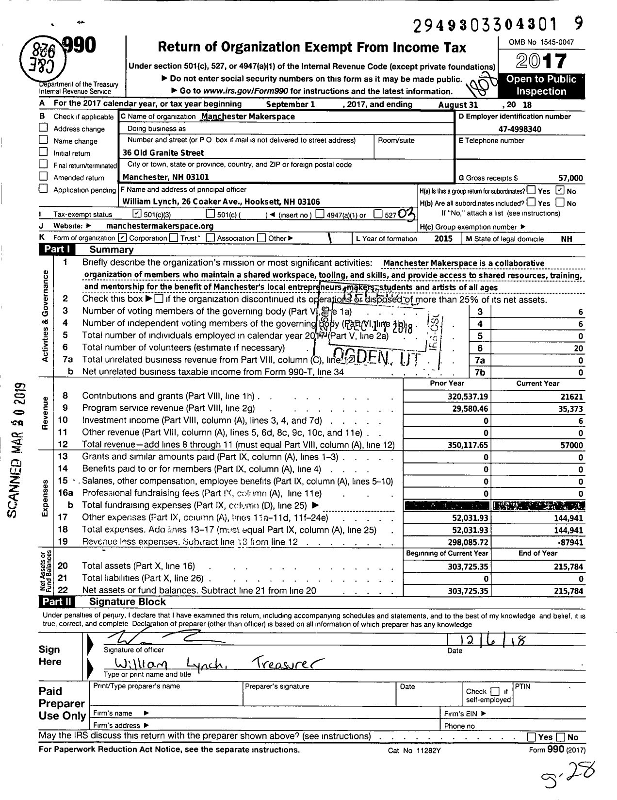 Image of first page of 2017 Form 990 for Manchester Makerspace