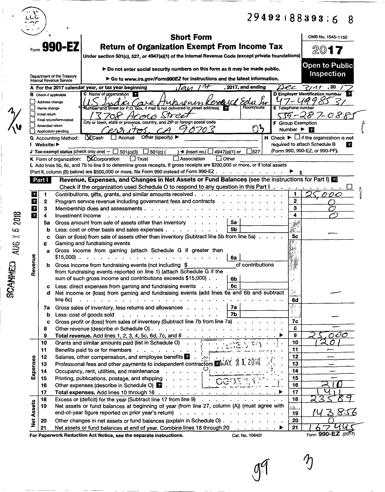 Image of first page of 2017 Form 990EZ for Us-India Care Awareness Research and Education