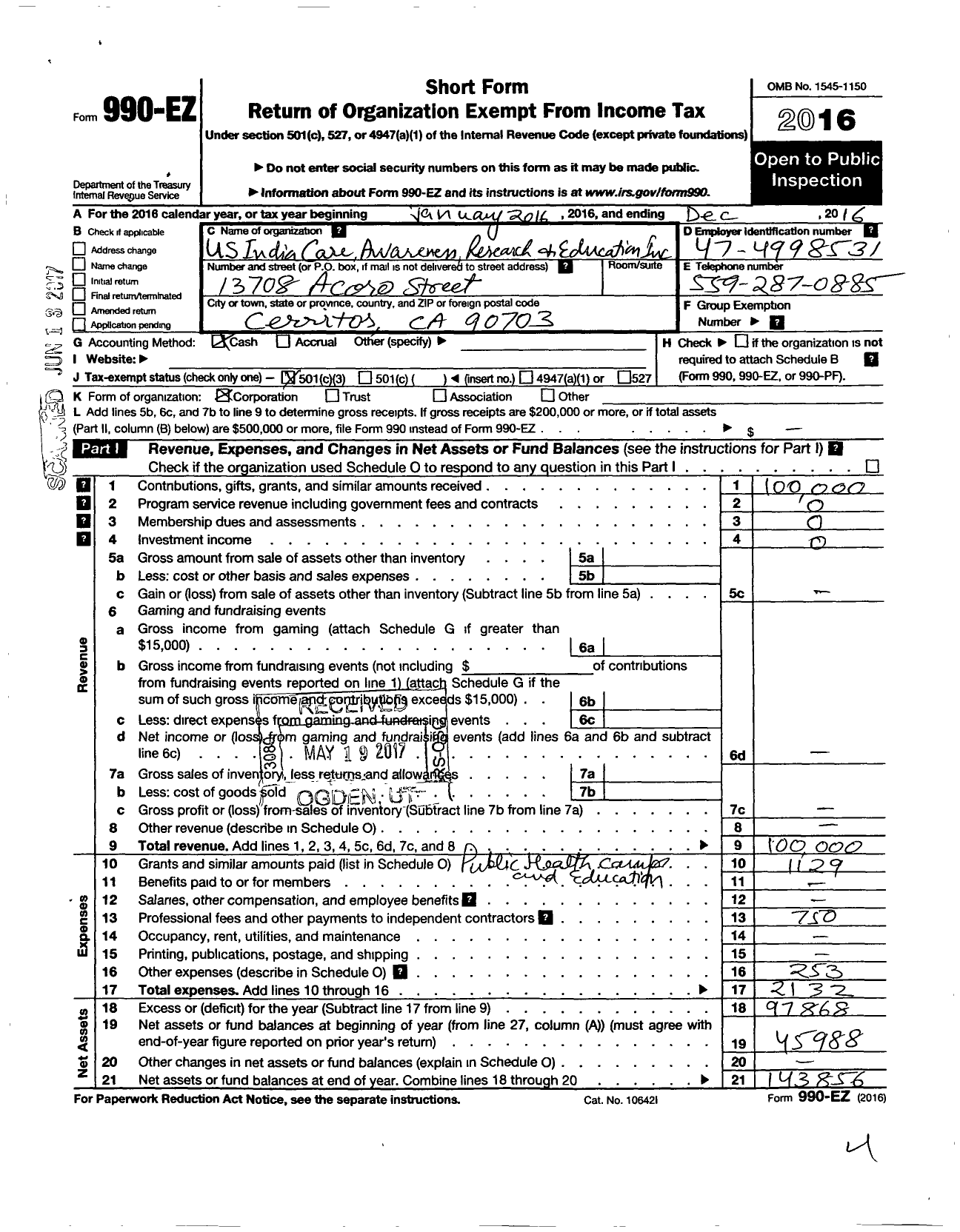 Image of first page of 2016 Form 990EZ for Us-India Care Awareness Research and Education