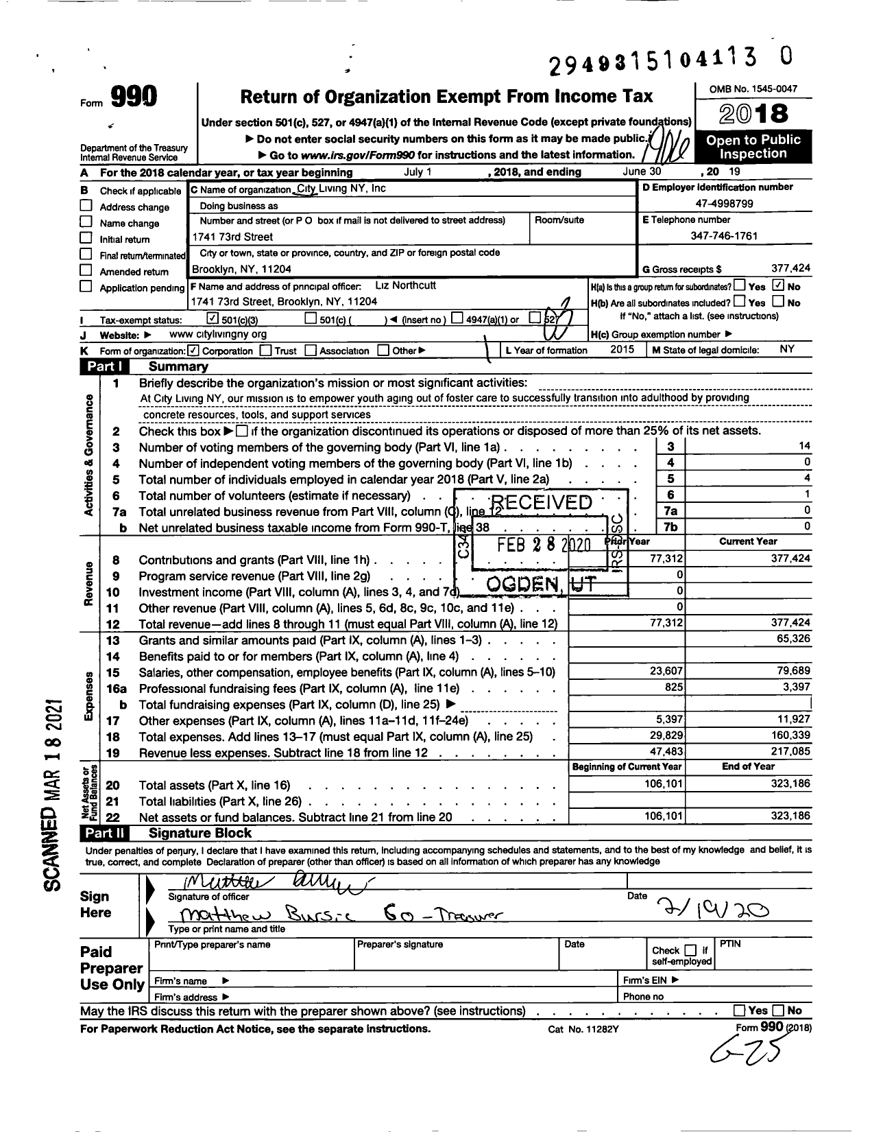 Image of first page of 2018 Form 990 for City Living Ny