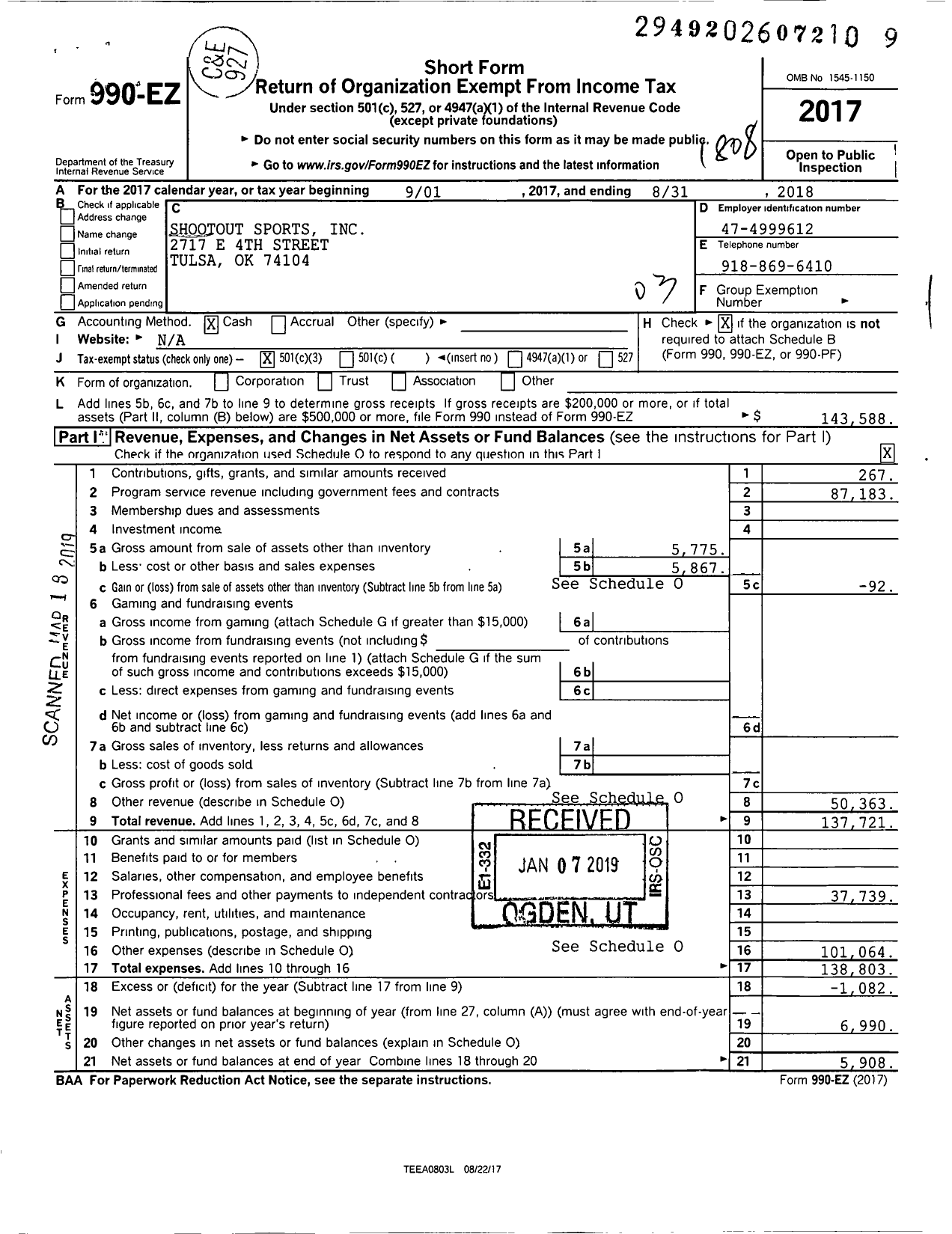 Image of first page of 2017 Form 990EZ for Shootout Sports