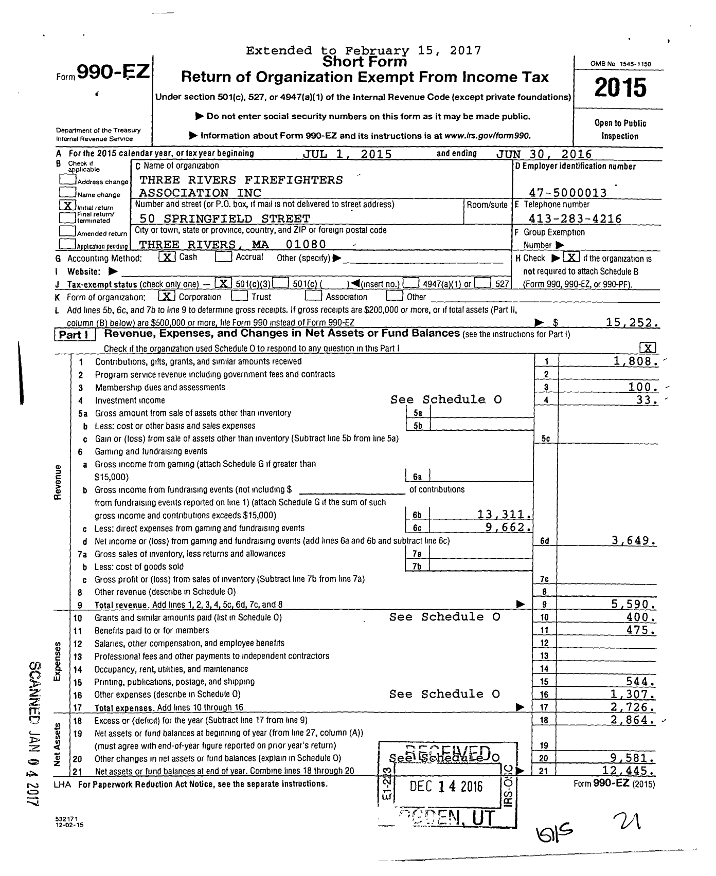 Image of first page of 2015 Form 990EZ for Three Rivers Firefighters Association