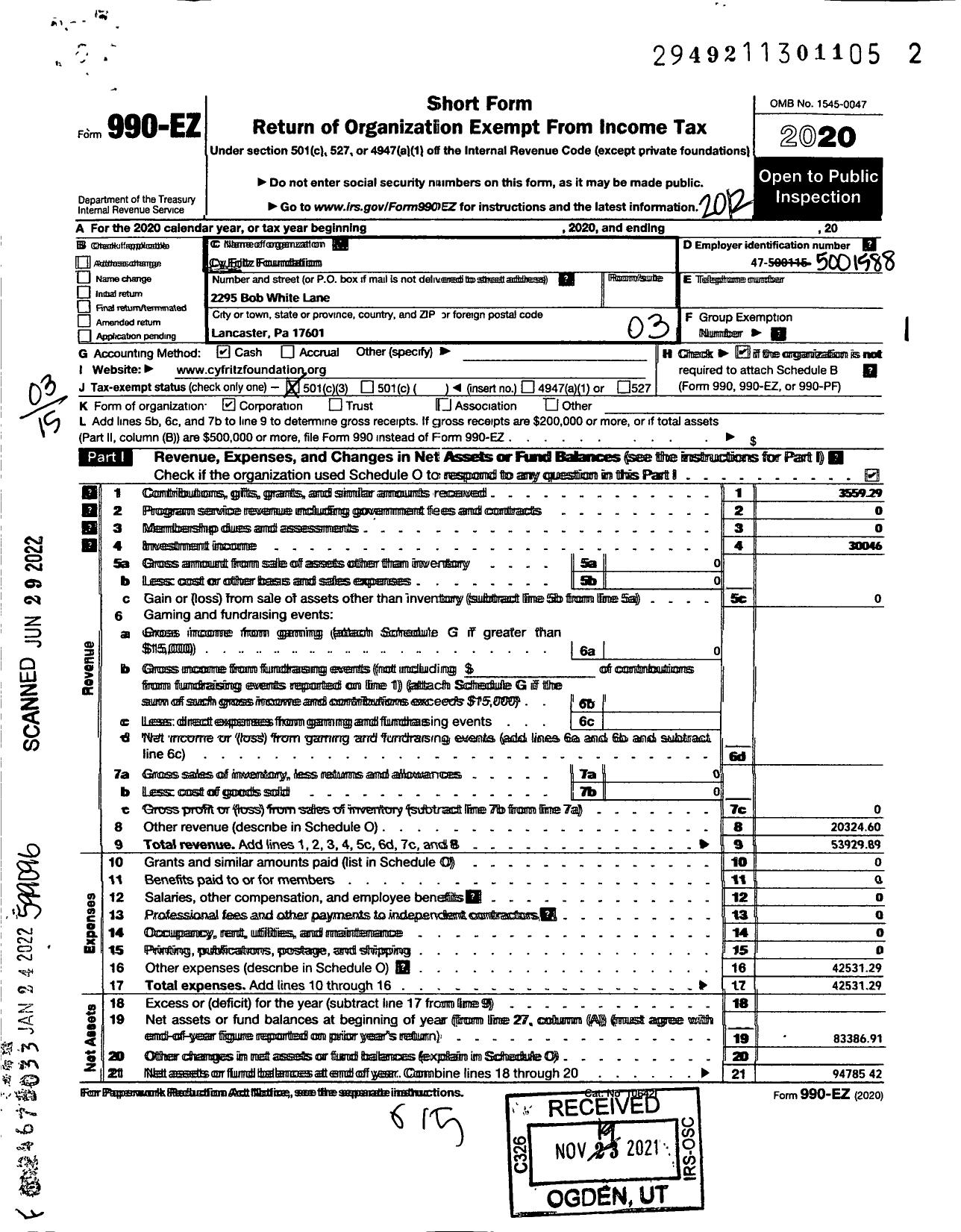 Image of first page of 2020 Form 990EZ for Cy Fritz Foundation