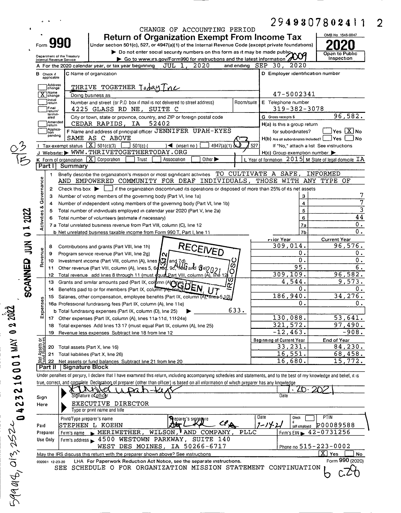 Image of first page of 2019 Form 990 for Thrive Together / Diaa