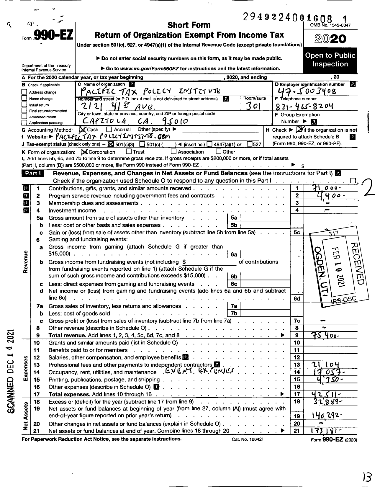 Image of first page of 2020 Form 990EZ for Pacific Tax Policy Institute