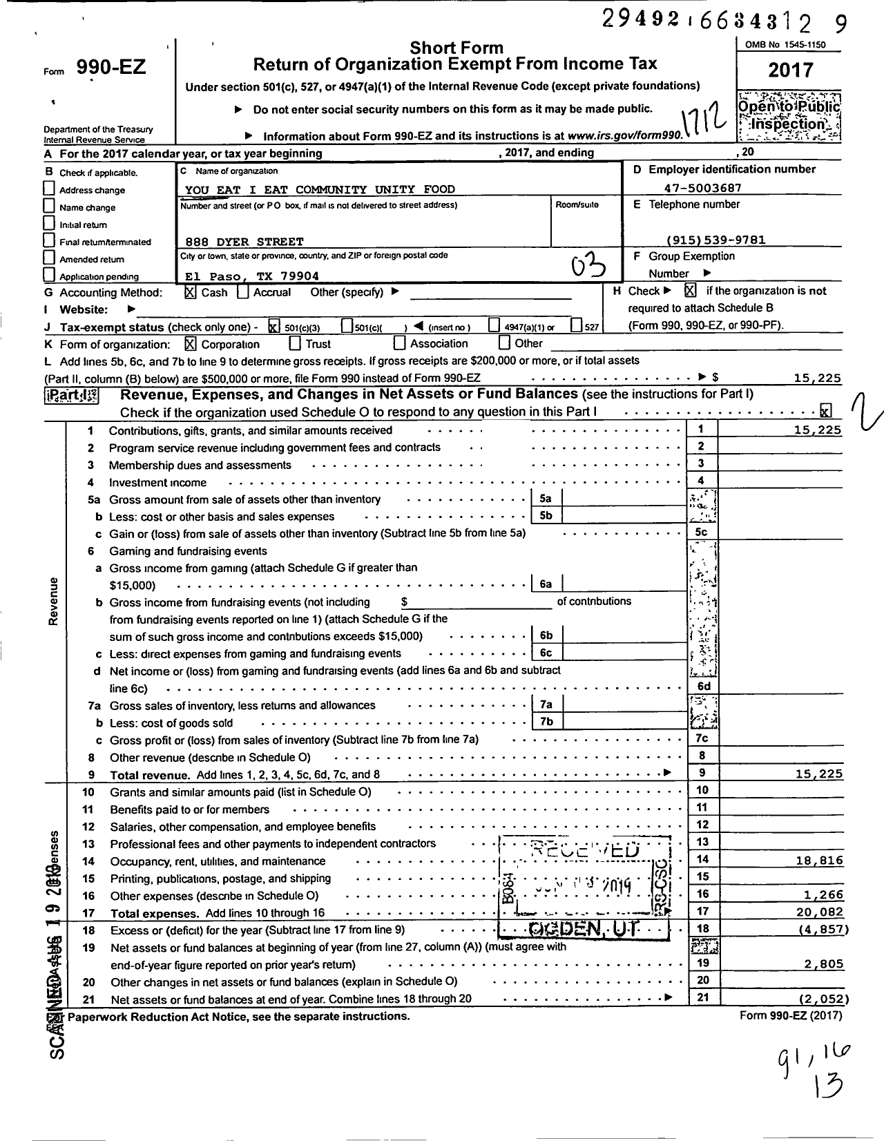 Image of first page of 2017 Form 990EZ for You Eat I Eat Community Unity Food Pantry Corporation