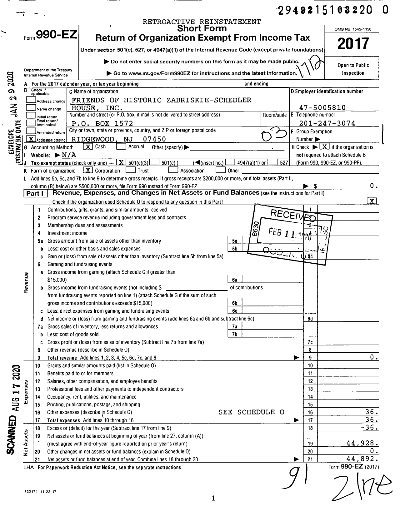 Image of first page of 2017 Form 990EZ for Friends of Historic Zabriskie-Schedler House