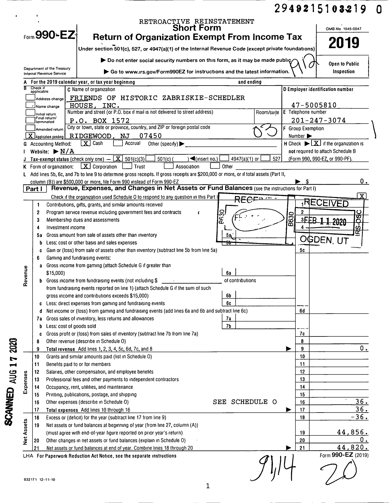 Image of first page of 2019 Form 990EZ for Friends of Historic Zabriskie-Schedler House