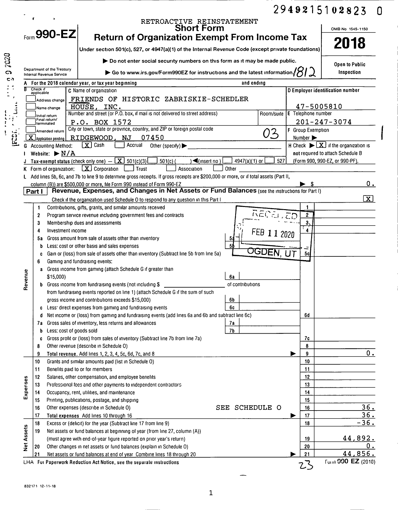 Image of first page of 2018 Form 990EZ for Friends of Historic Zabriskie-Schedler House