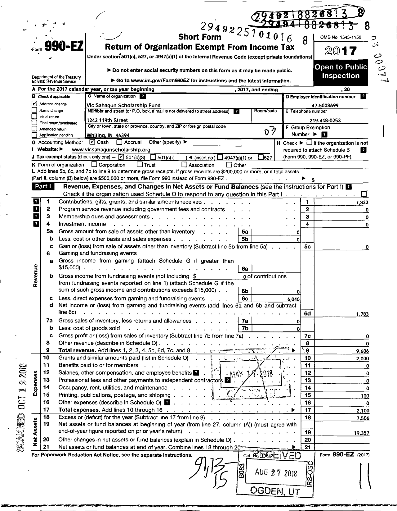 Image of first page of 2017 Form 990EZ for Vic Sahagun Scholarship Fund