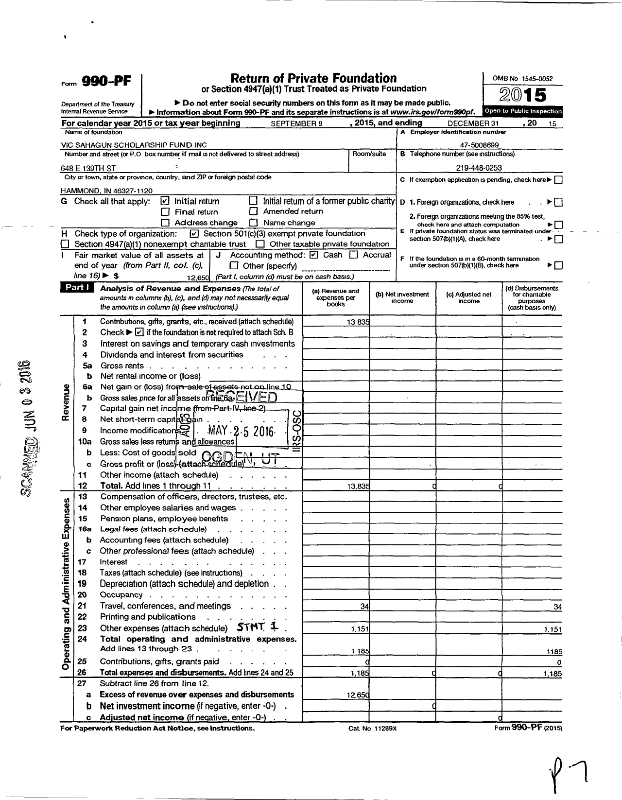 Image of first page of 2015 Form 990PF for Vic Sahagun Scholarship Fund