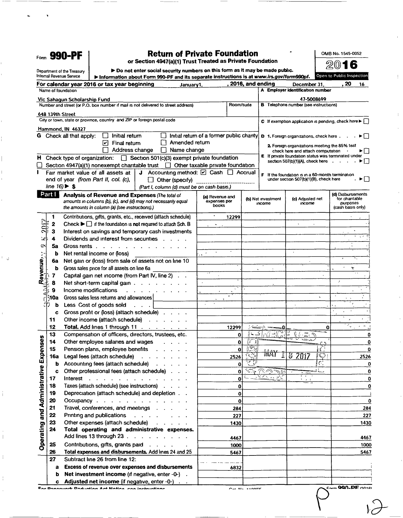 Image of first page of 2016 Form 990PF for Vic Sahagun Scholarship Fund