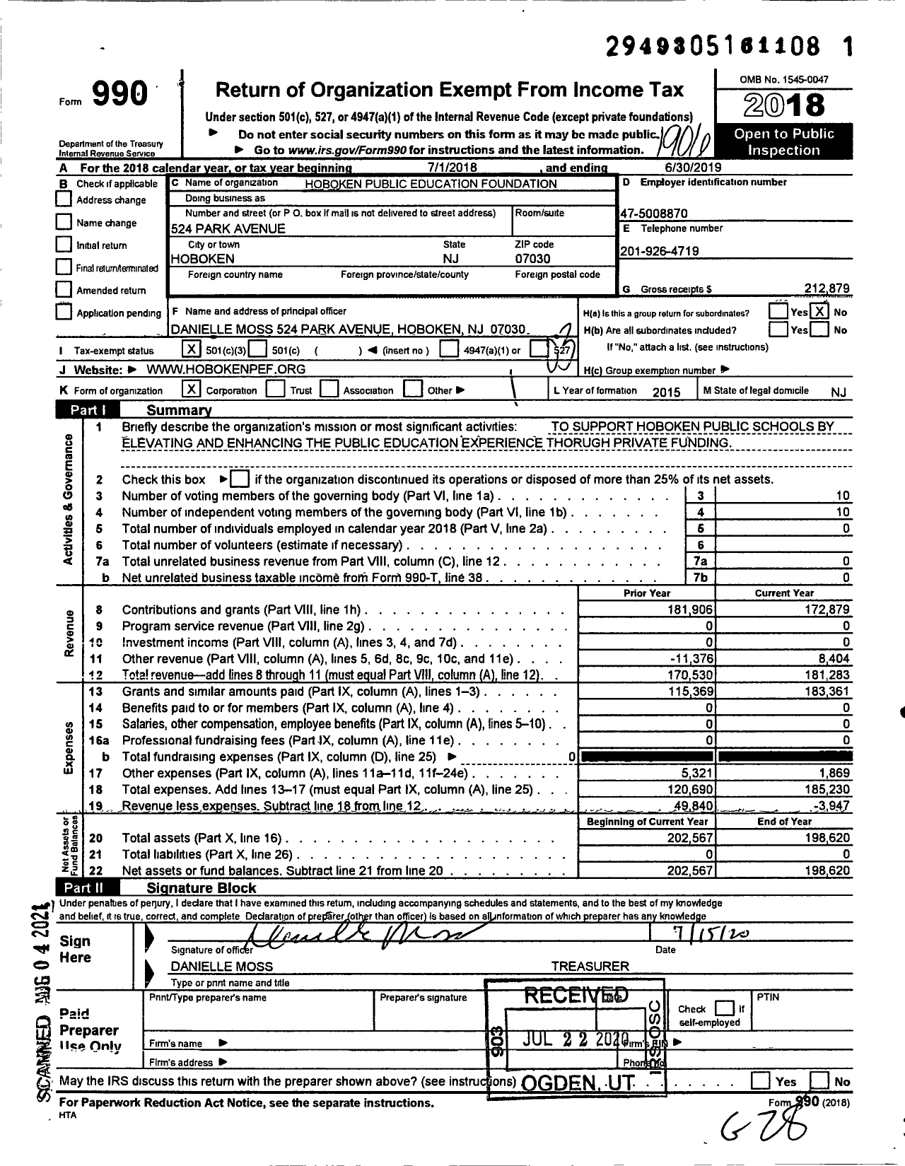 Image of first page of 2018 Form 990 for Hoboken Public Education Foundation