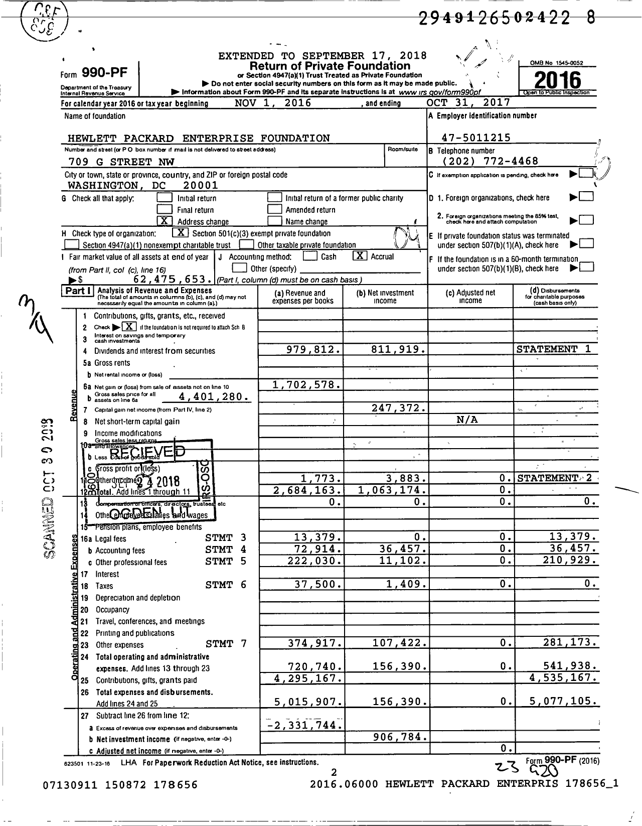Image of first page of 2016 Form 990PF for Hewlett Packard Enterprise Foundation