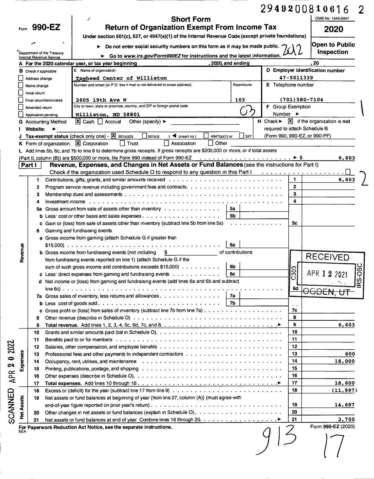 Image of first page of 2020 Form 990EZ for Tawheed Center of Williston