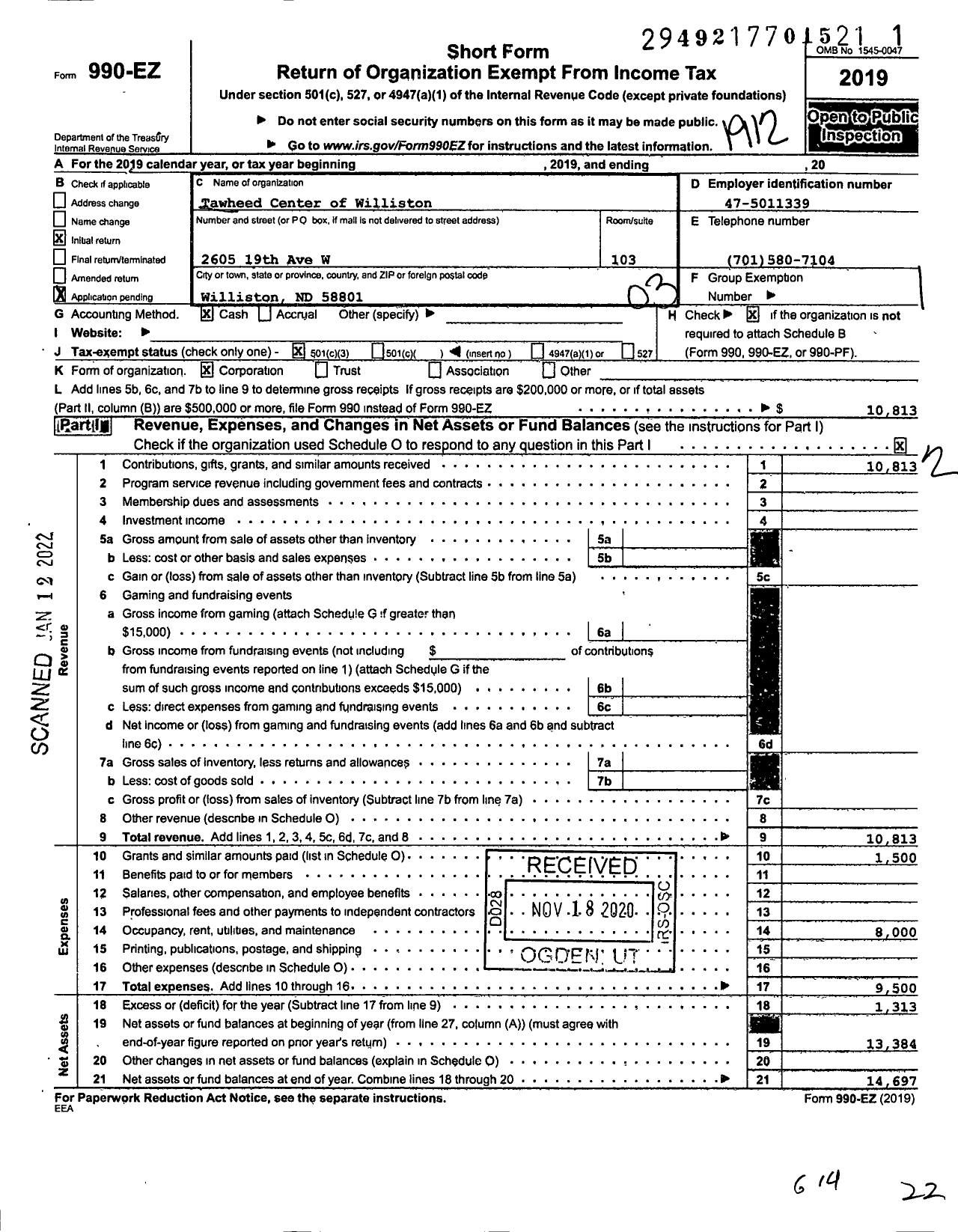 Image of first page of 2019 Form 990EZ for Tawheed Center of Williston