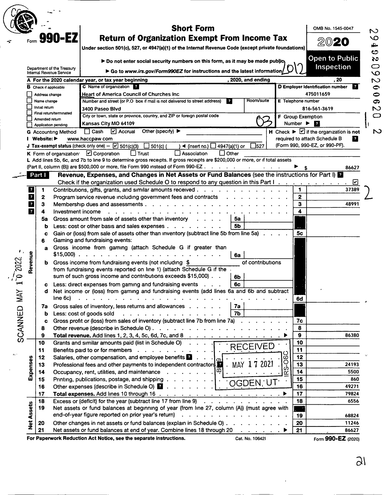 Image of first page of 2020 Form 990EZ for Heart of America Council of Churchs