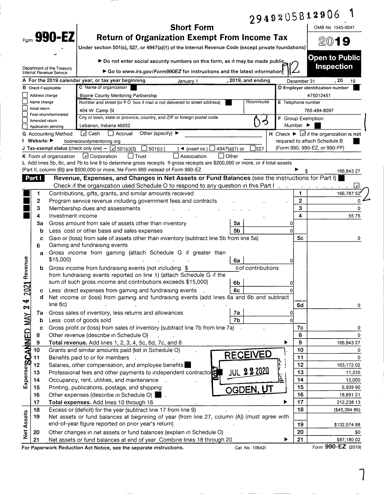 Image of first page of 2019 Form 990EZ for Boone County Mentoring Partnership