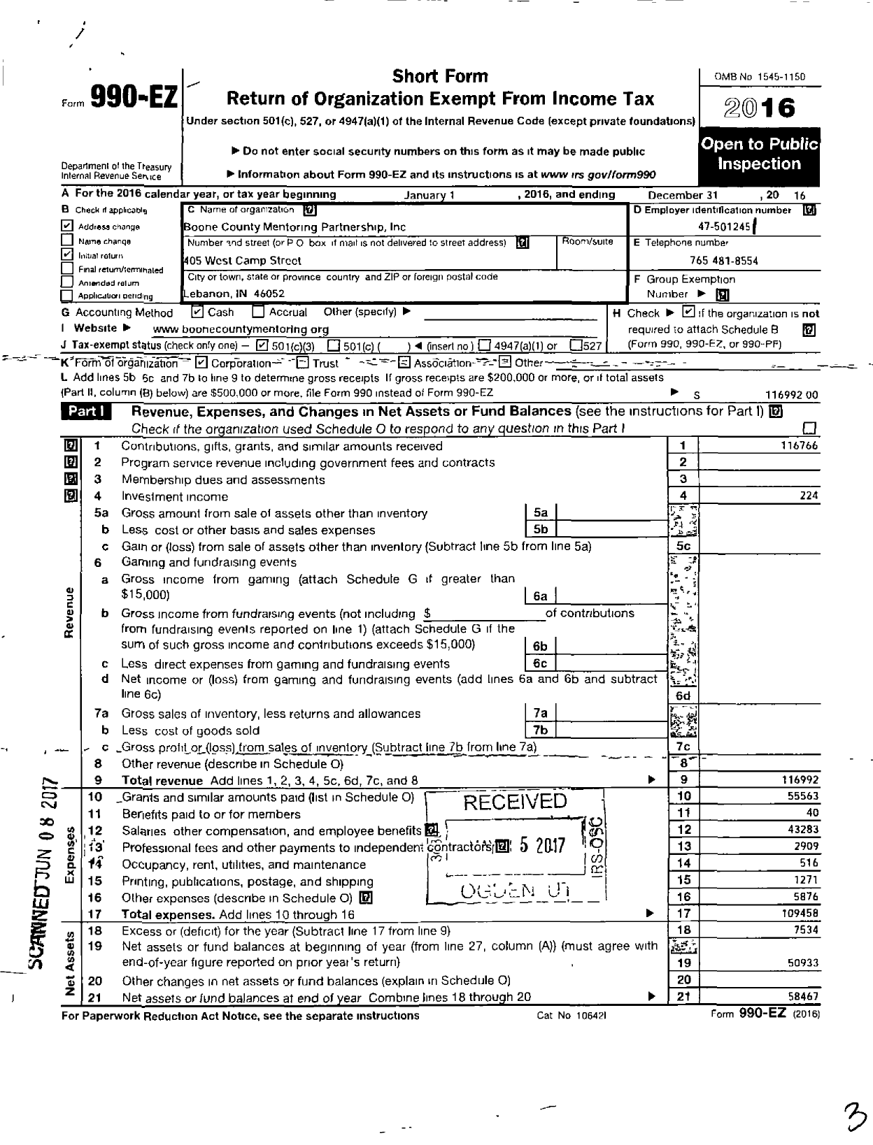 Image of first page of 2016 Form 990EZ for Boone County Mentoring Partnership